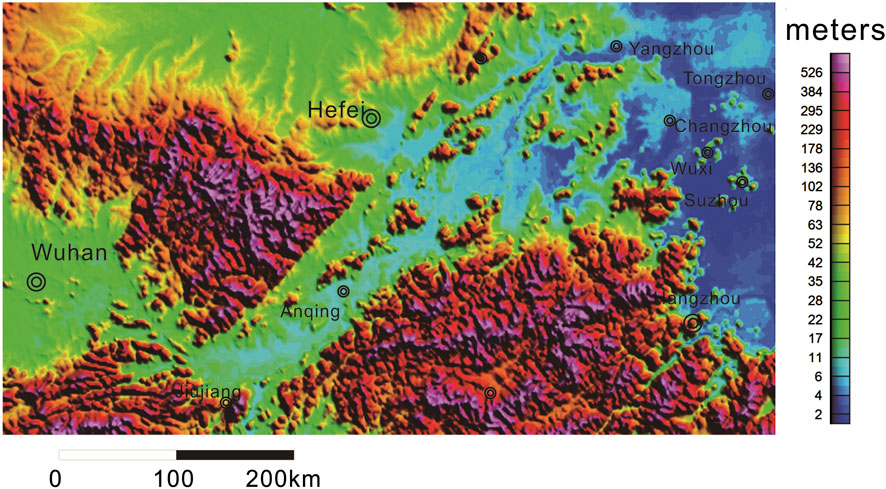 Topographic map of Eastern China shows elevation variations with colors ranging from purple (highest) to blue (lowest). Cities like Wuhan, Hefei, and Nanjing are marked. A color scale on the right indicates meters of elevation.