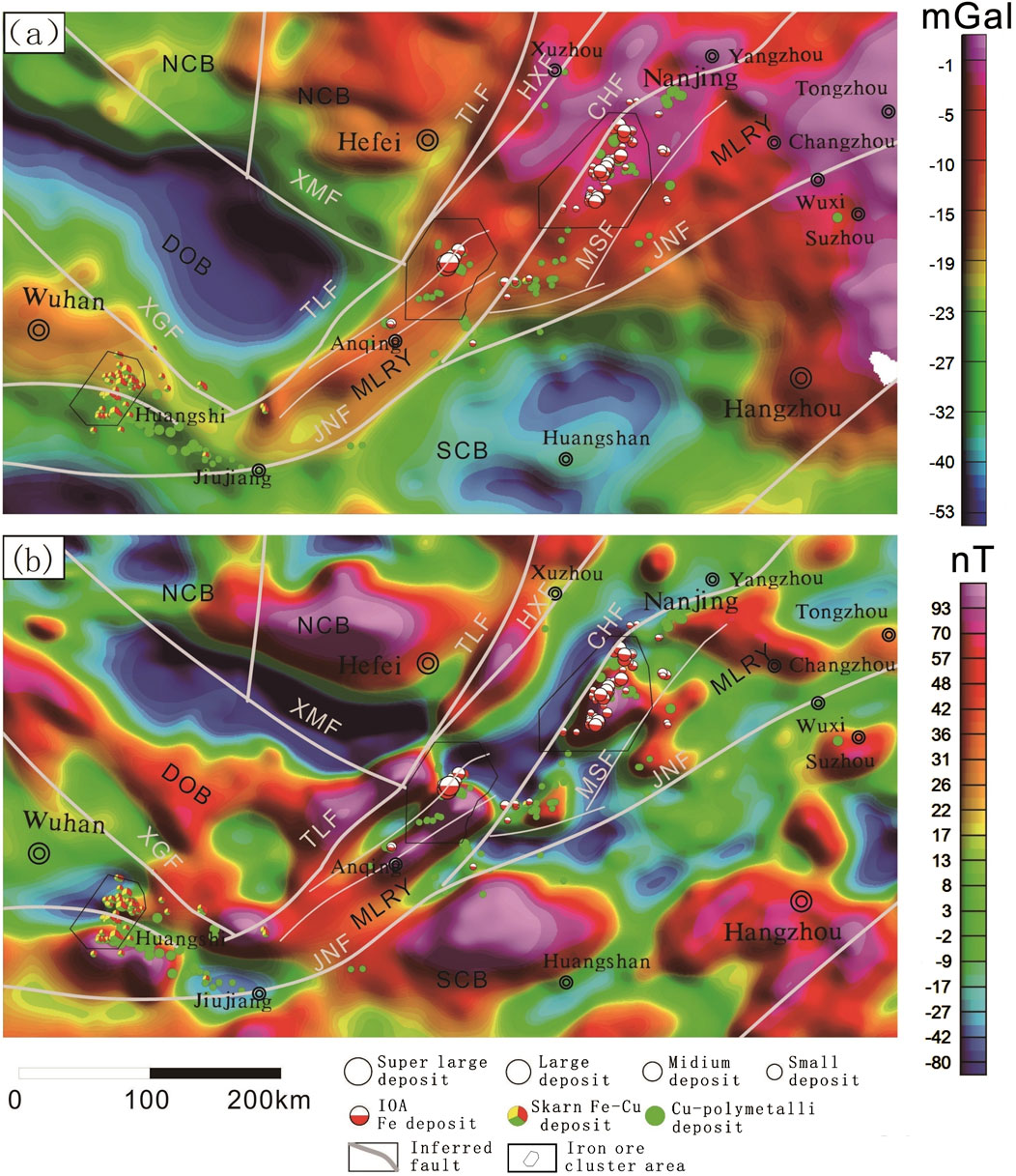 Composite image displaying geological maps of a region with detailed magnetic and gravity anomalies. Panel (a) shows gravity anomalies with a color scale in milligals on the right, while panel (b) depicts magnetic anomalies with a color scale in nanoteslas. Both maps indicate fault lines, city names, and various mineral deposit locations using different symbols. A scale bar and legend are included below, denoting super large, large, medium, and small deposits, as well as iron ore and polymetallic deposits.