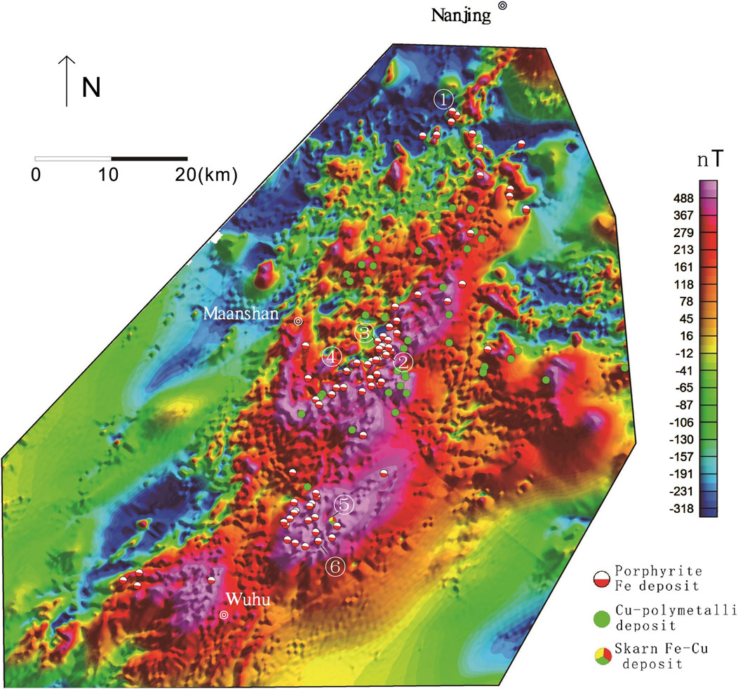 Magnetic anomaly map of an area near Nanjing, illustrating variations in nanoteslas. The map highlights the locations of porphyrite iron deposits, copper polymetallic deposits, and skarn iron-copper deposits. Key areas like Maanshan and Wuhu are labeled, and various regions are marked by different colors representing magnetic intensity. A scale bar and compass indicate direction and distance.