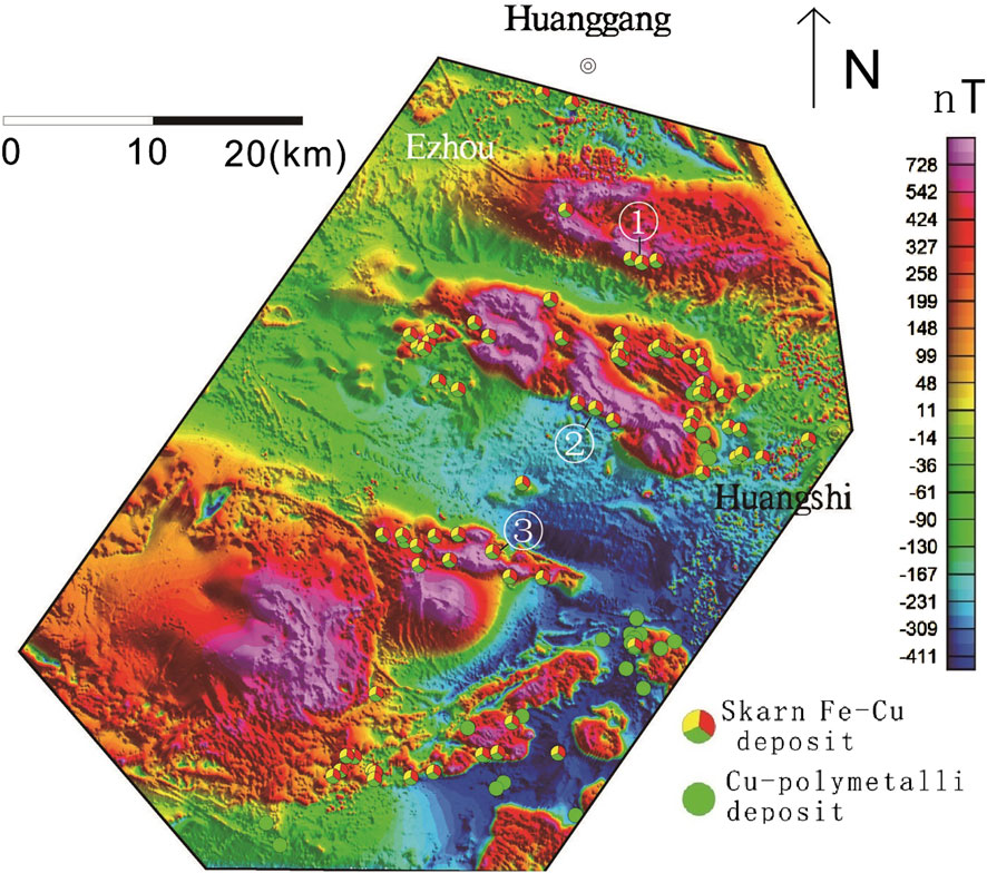 Topographic map showing magnetic anomaly data of a region including Ezhou, Huanggang, and Huangshi. Colors from purple to red indicate magnetic intensity. Yellow and green dots represent Skarn iron-copper and copper-polymetallic deposits, respectively. Numbered circles mark specific areas. A scale in kilometers and a legend is provided.