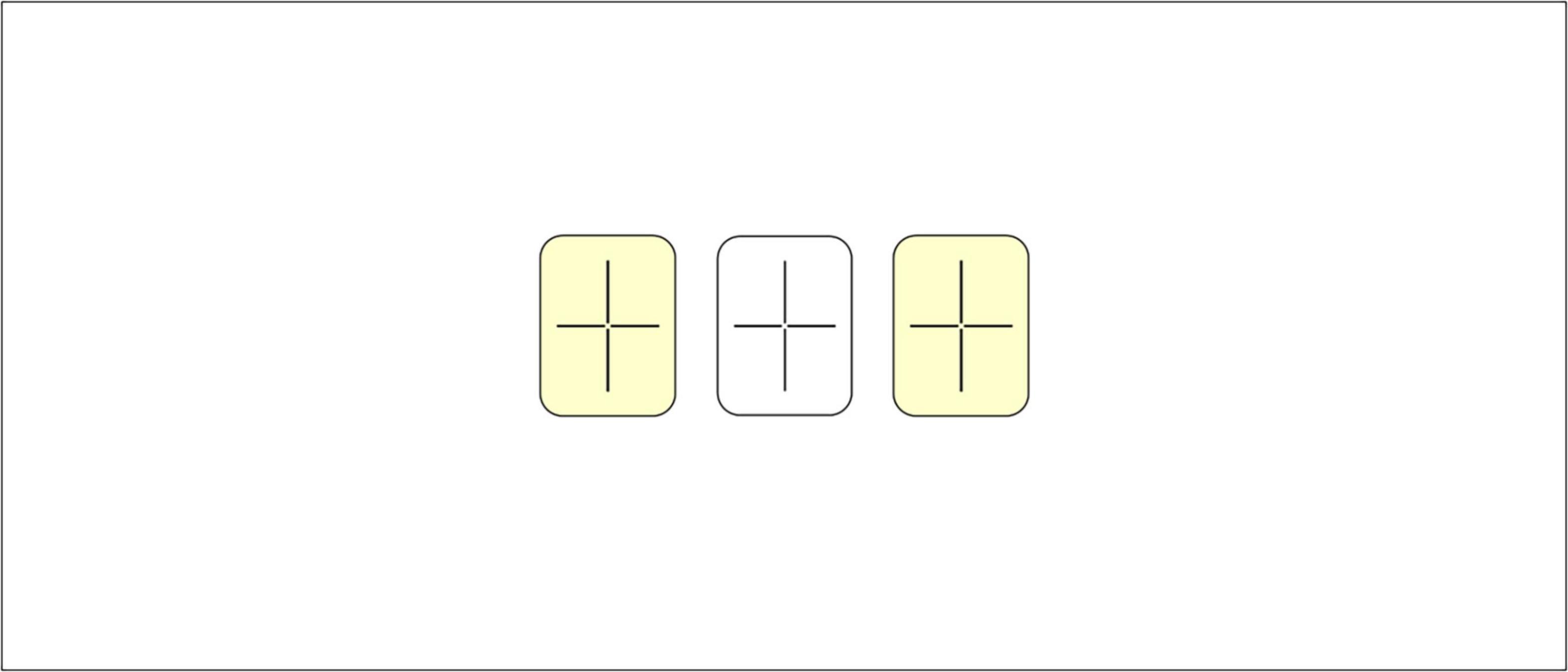 Three rectangles are arranged in a row, each featuring a cross in the center. The first and third rectangles have a yellow background, while the middle one is white.