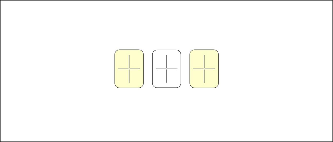 Three rectangles are arranged in a row, each featuring a cross in the center. The first and third rectangles have a yellow background, while the middle one is white.