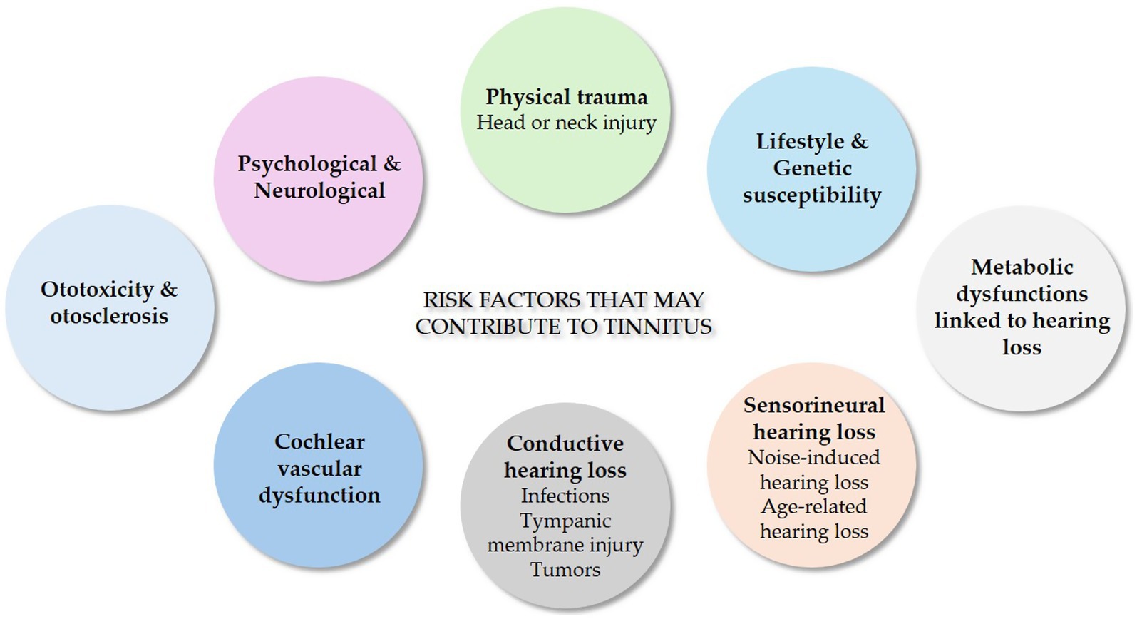 Diagram showing risk factors for tinnitus, including psychological and neurological issues, physical trauma, lifestyle and genetic susceptibility, metabolic dysfunctions, sensorineural hearing loss, conductive hearing loss, cochlear vascular dysfunction, and ototoxicity and otosclerosis.