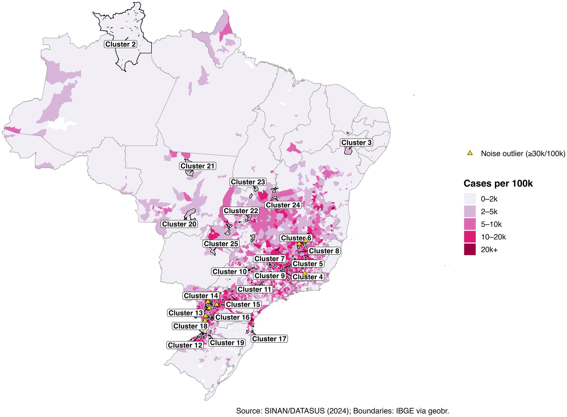 Map of Brazil displaying clusters of cases per 100,000 people, with color gradients from light pink (0-2k) to dark red (20k+). Clusters are numbered, and a legend indicates noise outliers (yellow triangles) for areas with 30k or more cases per 100,000.
