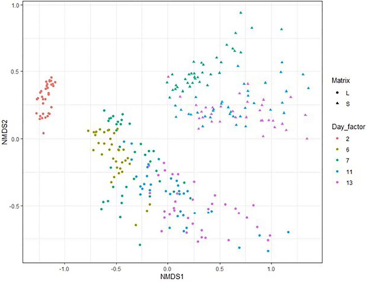 Scatter plot showing NMDS1 and NMDS2 axes with points differentiated by shape and color. Circles and triangles represent two matrices, L and S. Colors indicate five day factors: red (2), olive (6), blue (7), cyan (11), and pink (13). Clusters are visible across the plot.