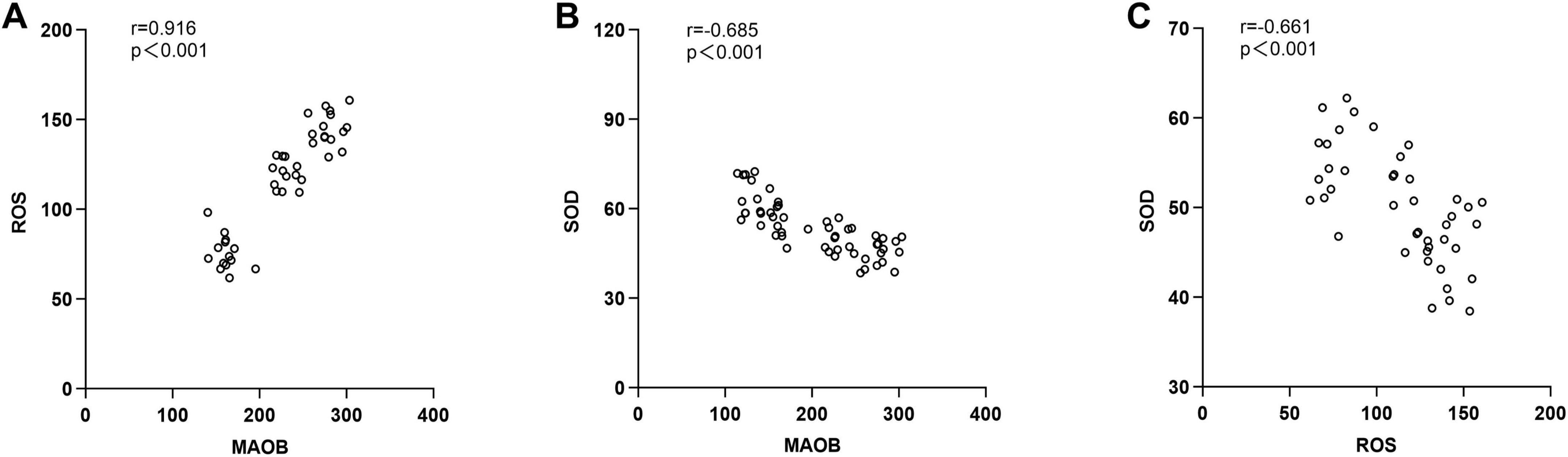 Three scatter plots labeled A, B, and C analyze relationships between different variables. Plot A shows a strong positive correlation between MAOB and ROS (r=0.916, p<0.001). Plot B depicts a moderate negative correlation between MAOB and SOD (r=-0.685, p<0.001). Plot C indicates a moderate negative correlation between ROS and SOD (r=-0.661, p<0.001). Each plot displays data points, correlation coefficients, and significance levels.