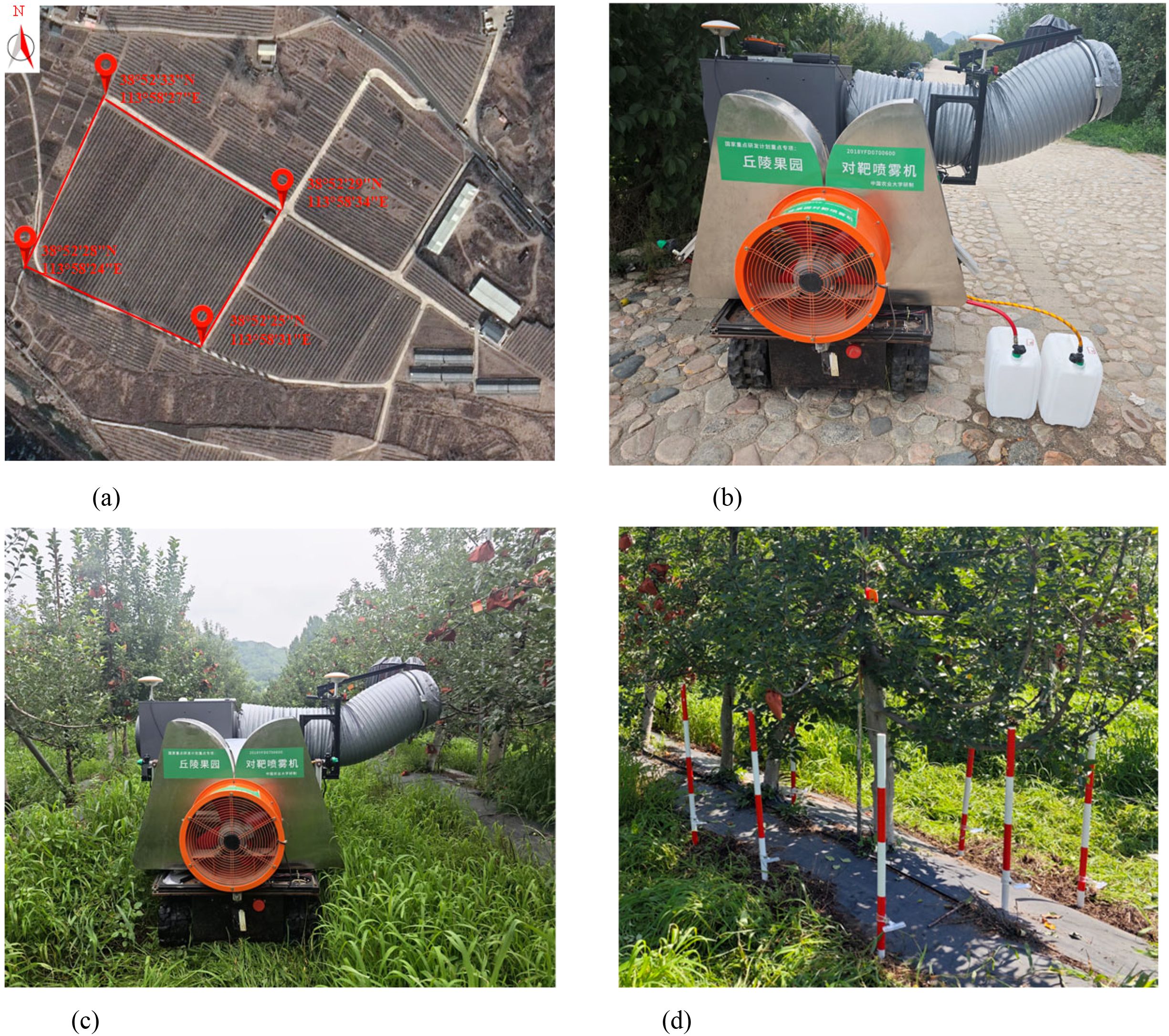 Shows the experimental site and layout for field testing of the variable-rate sprayer. Subfigure (a) presents a satellite image with a red polygon outlining the orchard boundary and four marked GPS waypoints. Subfigure (b) shows the sprayer at the spray flow calibration site, equipped with two white containers for measuring spray output. Subfigure (c) illustrates the sprayer operating within an orchard surrounded by dense fruit trees. Subfigure (d) depicts the droplet deposition test setup, where red-and-white poles are systematically placed under the canopy to support water-sensitive papers or collectors for evaluating spraying performance.