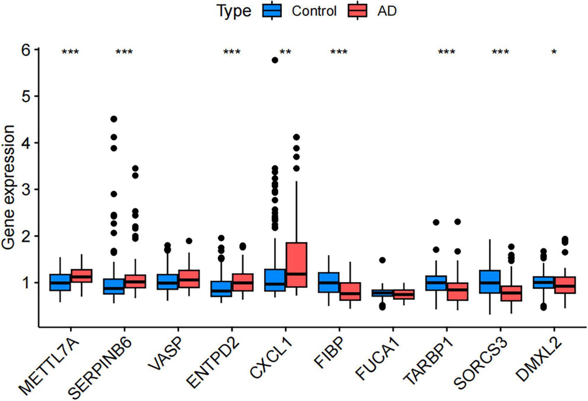 Box plot displaying gene expression levels for METTL7A, SERPINB6, VASP, ENTPD2, CXCL1, FIBP, FUCA1, TARBP1, SORCS3, and DMXL2. Control samples are in blue and AD samples in red. CXCL1 shows notably higher expression in AD samples. Asterisks indicate statistical significance.