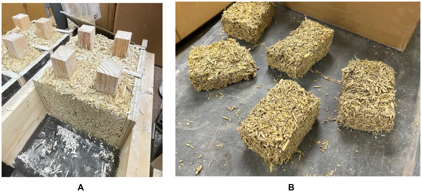 Image A shows hemp-lime blocks with a fibrous, textured surface placed in a wooden frame. Image B displays several compacted, rectangular blocks of hemp-lime material on a flat surface. Both images depict hemp-lime insulation materials in different stages of preparation.