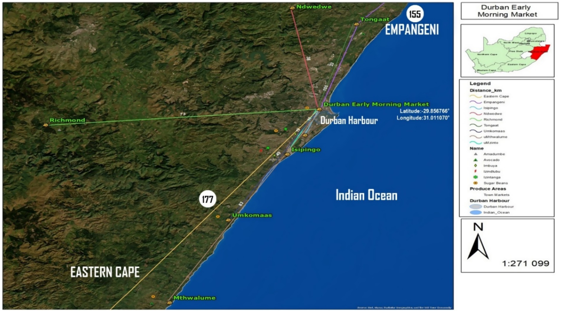 Map of Durban Early Morning Market highlighting various locations and distances. It includes routes to Richmond, Empangeni, and other towns. The Indian Ocean is on the right. A legend shows produce areas and market locations. Latitude and longitude for the market are listed. A scale and a compass rose are at the bottom right, showing a map scale of 1:271,099.
