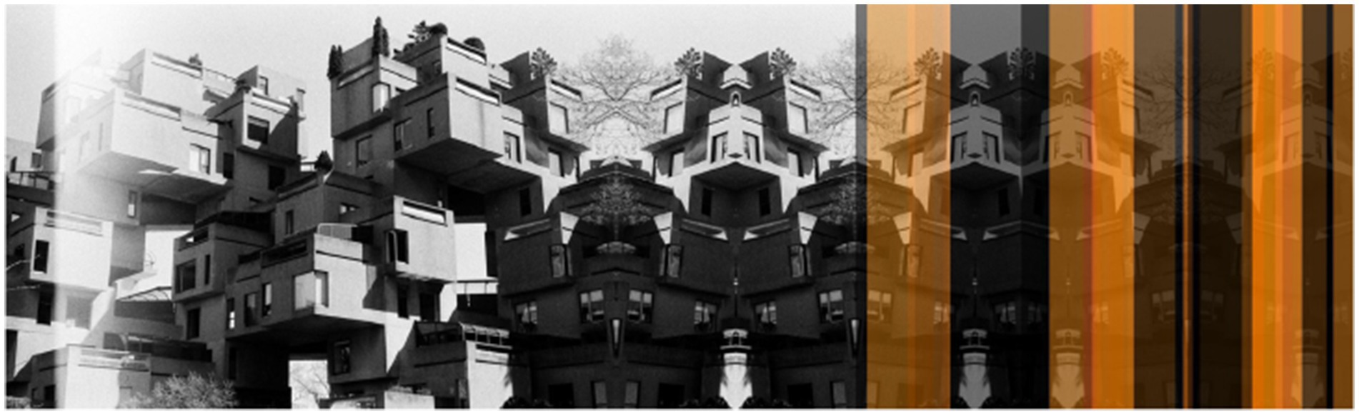 Abstract architectural composition featuring a mirrored, grayscale image of a complex, modular building. The left side displays the building’s unique stacked design, while the right side is overlaid with vertical orange and black stripes.