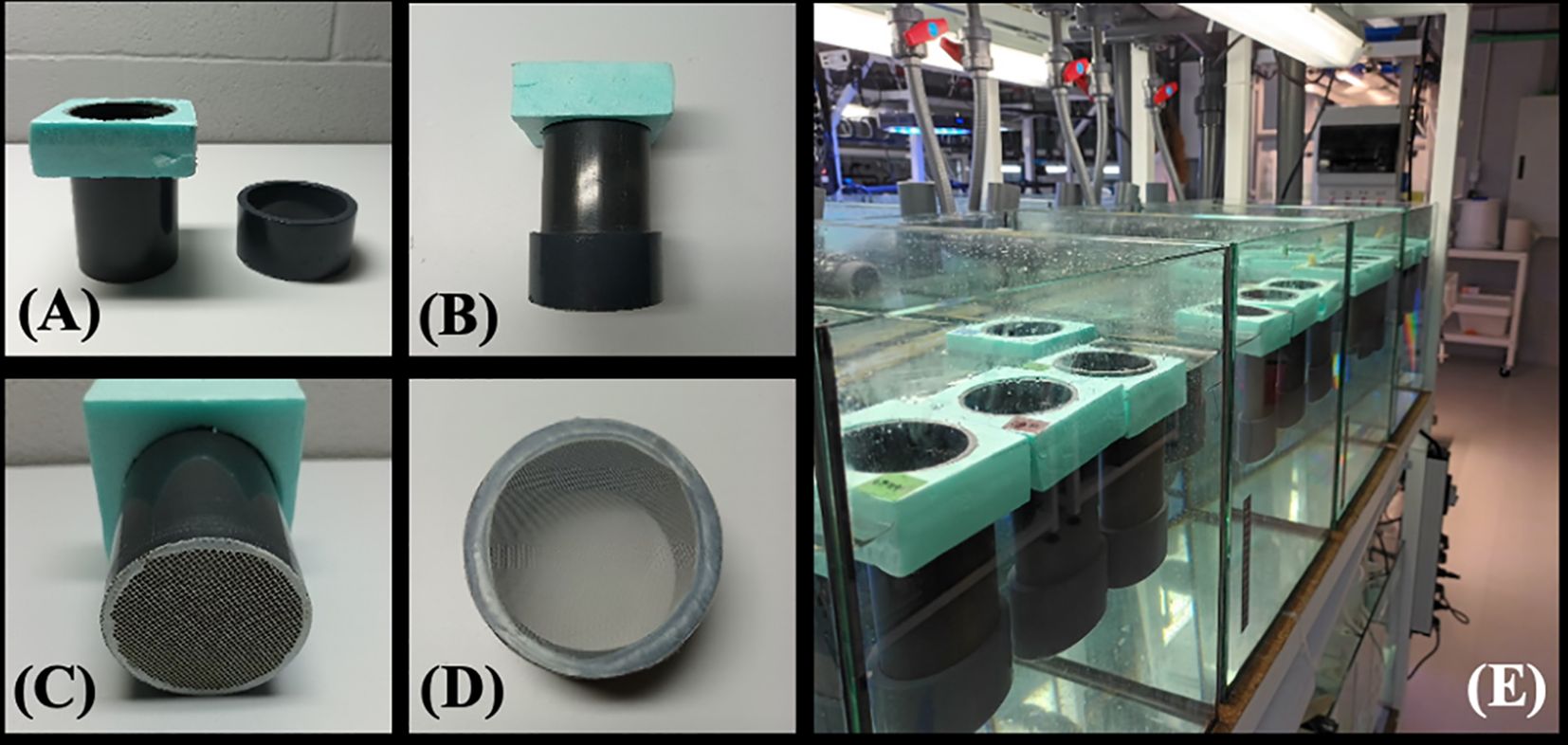 (A) and (B) show two views of a cylindrical object with a green foam top. (C) shows the bottom with a metal mesh. (D) shows the mesh cover alone. (E) displays several similar objects submerged in a laboratory tank environment.