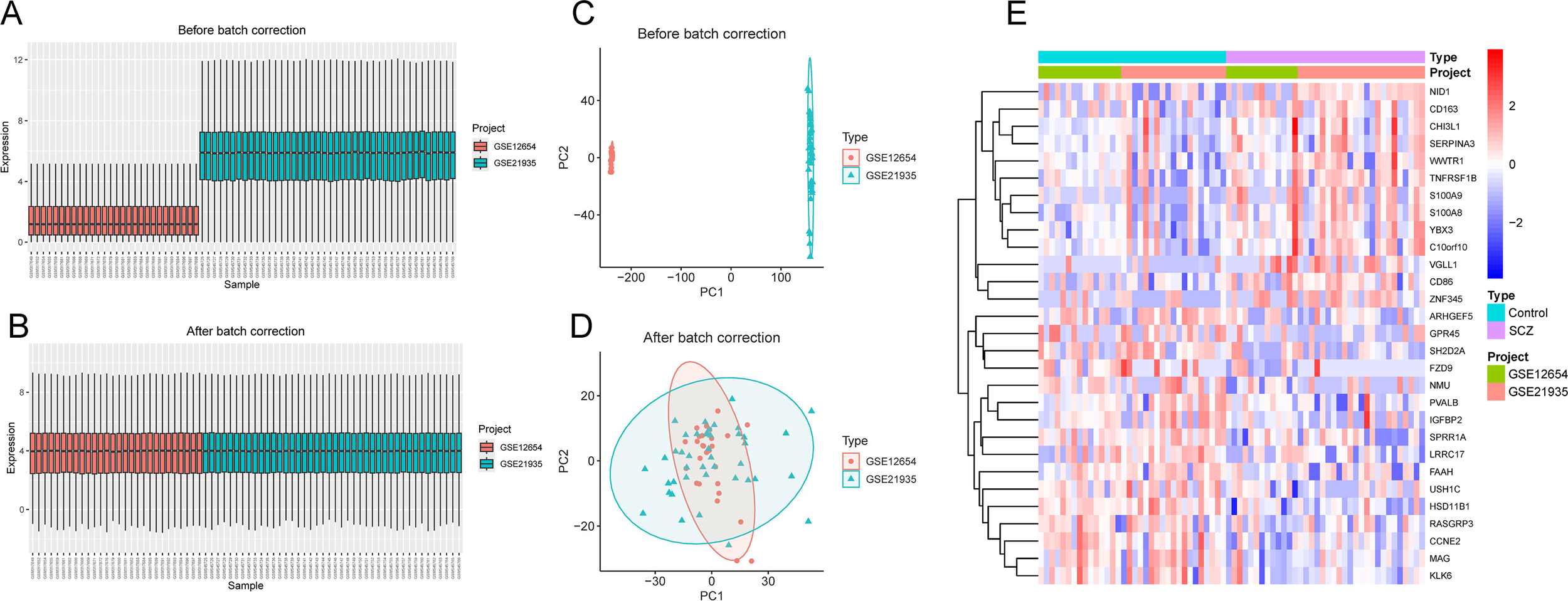 Five-panel figure showing gene expression analysis. Panel A: Boxplot of expression levels before batch correction, with clear separation between projects GSE12654 (red) and GSE21935 (blue). Panel B: Boxplot after batch correction shows alignment of expression levels between projects. Panel C: PCA plot before batch correction shows separate clusters for each project. Panel D: PCA plot after batch correction reveals overlapping clusters, indicating successful correction. Panel E: Heatmap of gene expression with two clusters, showing type and project distinctions using color bars for control and SCZ types, and GSE12654 and GSE21935 projects.