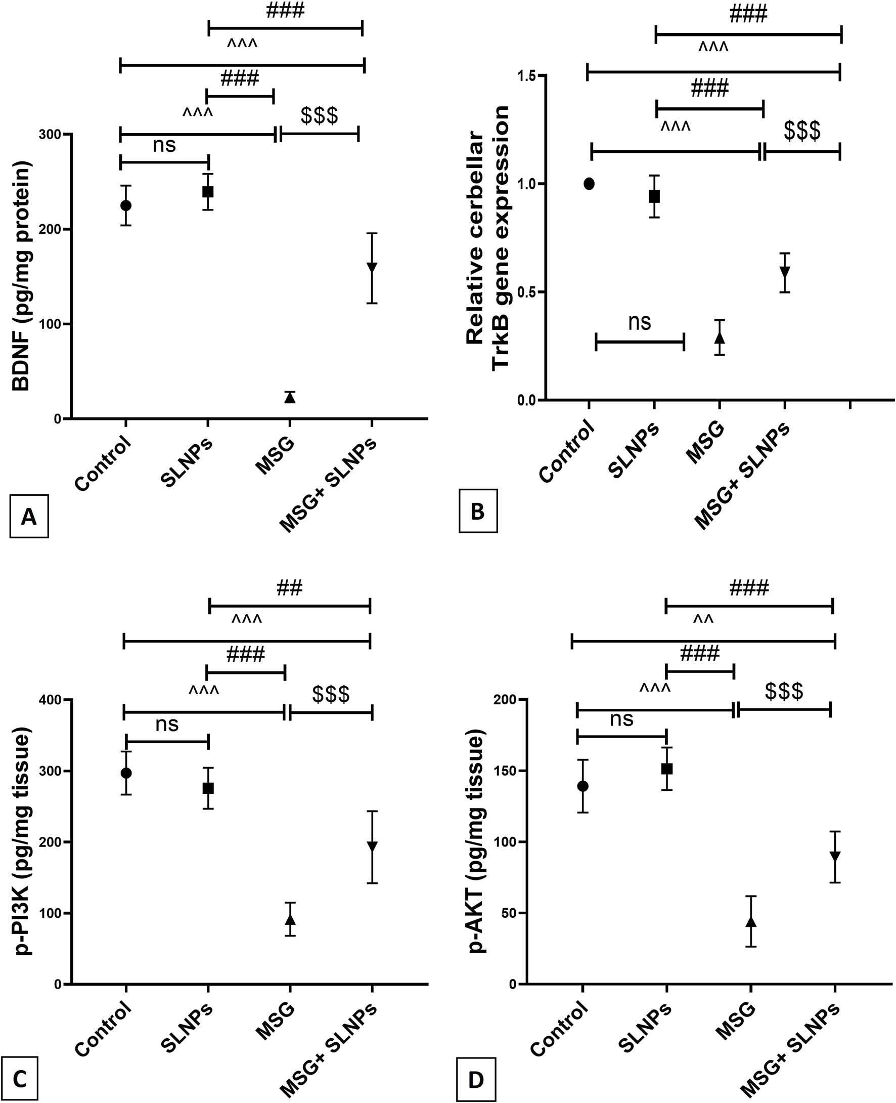 Four-panel chart showing protein and gene expression. Panel A: BDNF levels in four groups—Control, SLNPs, MSG, MSG+SLNPs. Panel B: TrkB gene expression in the same groups. Panel C: p-PI3K levels across all. Panel D: p-AKT levels. Each graph includes symbols indicating statistical significance levels (ns, ^^^, ###, $$$) with error bars for variability.