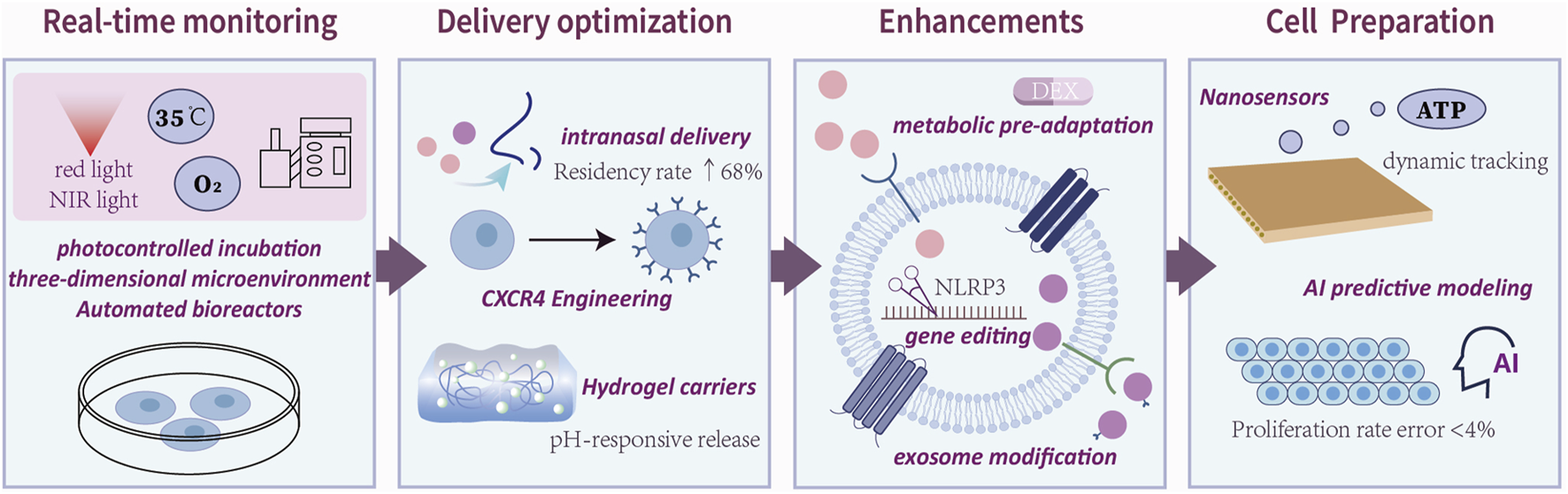 Flowchart illustrating cell preparation processes, including real-time monitoring with photonic incubation, delivery optimization via intranasal methods and CXCR4 engineering, enhancements with metabolic pre-adaptation and gene editing, and cell preparation utilizing nanosensors and AI predictive modeling.