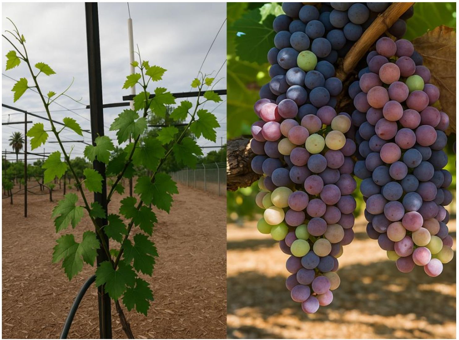 Left side shows a grapevine plant with green leaves supported by a trellis in a vineyard. Right side displays clusters of ripe purple and green grapes hanging from a vine.