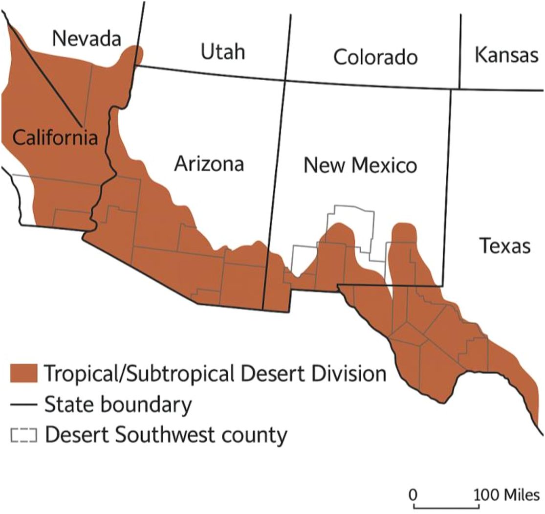 Map showing the Tropical/Subtropical Desert Division in the southwestern United States, covering parts of California, Arizona, New Mexico, and Texas. The areas are shaded in brown, with state boundaries marked and counties within the Desert Southwest indicated by dashed outlines. A scale shows 0 to 100 miles.