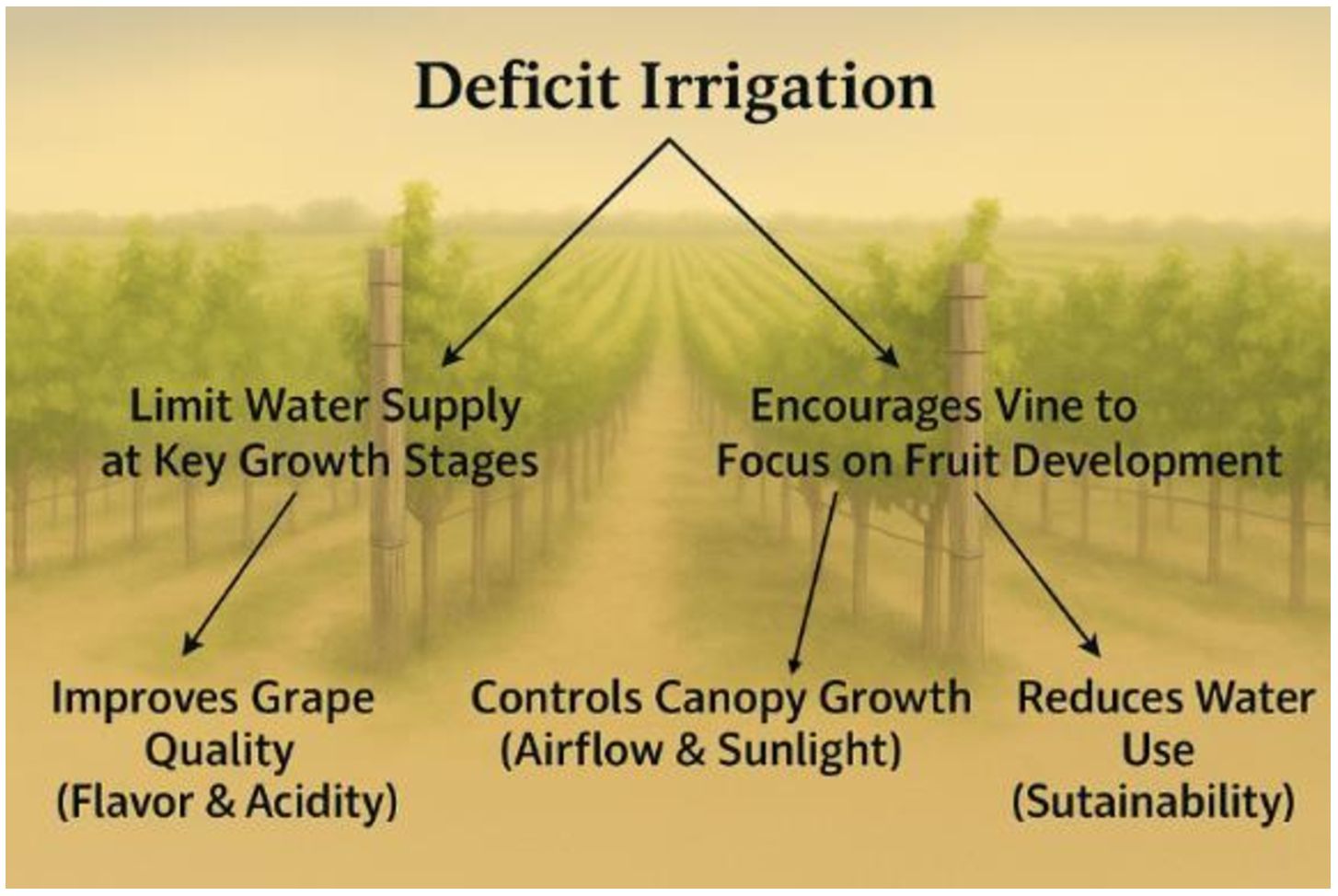 Diagram illustrating deficit irrigation in a vineyard. It shows limiting water supply at key growth stages improves grape quality and controls canopy growth. This encourages vines to focus on fruit development, reduces water use, and enhances sustainability.
