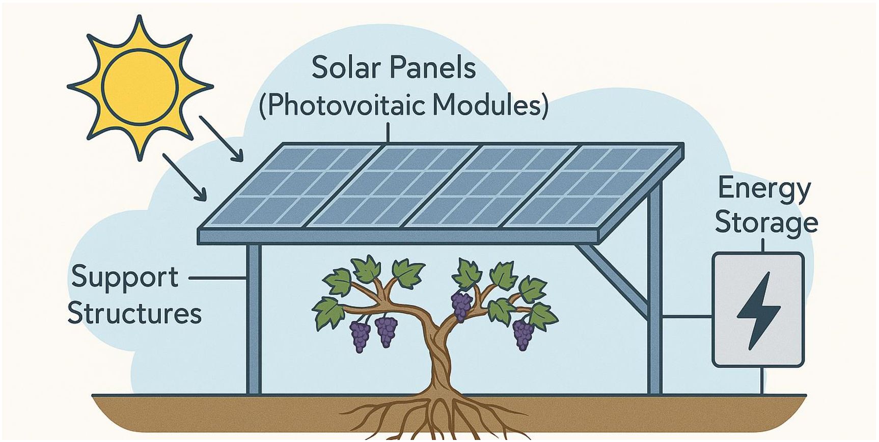 Illustration of a solar energy system with solar panels labeled as photovoltaic modules supported by structures. A grapevine grows beneath the panels, and an energy storage unit is depicted to the side. A sun symbol indicates solar energy.