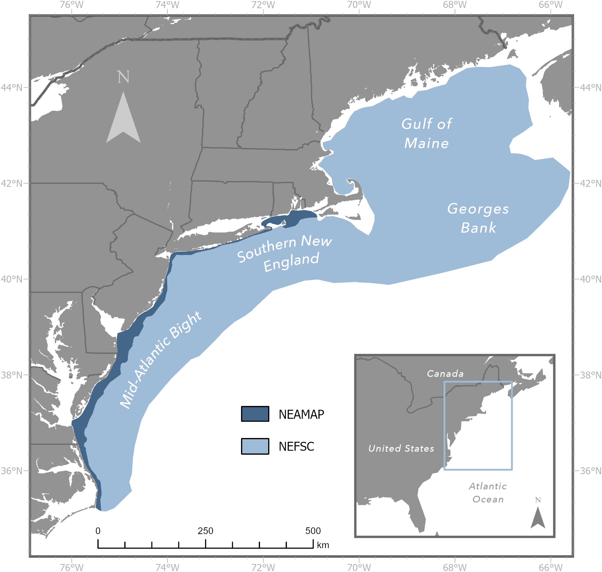 Map showing the northeastern United States and surrounding Atlantic Ocean regions. Areas marked include the Mid-Atlantic Bight, Southern New England, Gulf of Maine, and Georges Bank. Two areas are highlighted: NEAMAP in dark blue along the coast and NEFSC in light blue offshore. A scale and compass are included. An inset map provides broader geographic context, indicating the specific area on the larger map of North America.