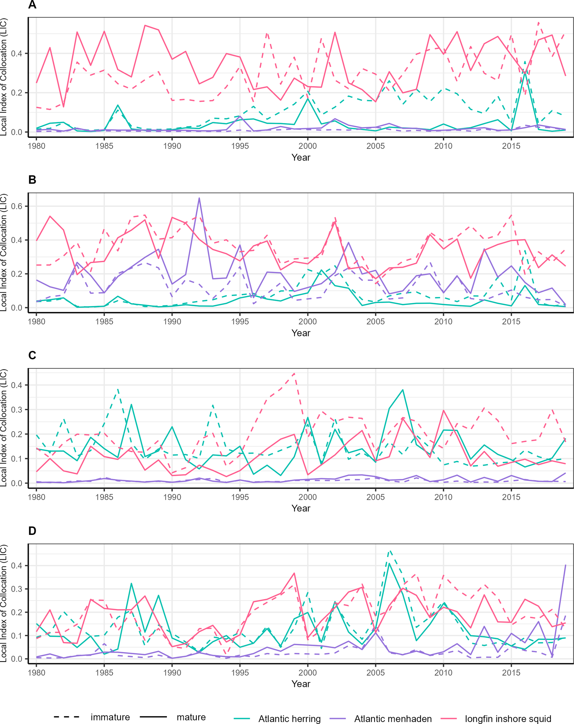 four line plots are labelled A, B, C, and D, from top to bottom. Each has “Local index of Collocation” on the y axis and year (1980-2019) on the x axis. Each plot has six fluctuating lines, distinguished by color for prey species and dashed or solid for immature or mature predators. The pink lines for longfin inshore squid are generally the highest, but occasionally purple lines for Atlantic menhaden are higher in subplot B and the teal lines for longfin inshore squid are higher in some years in plots C and D.