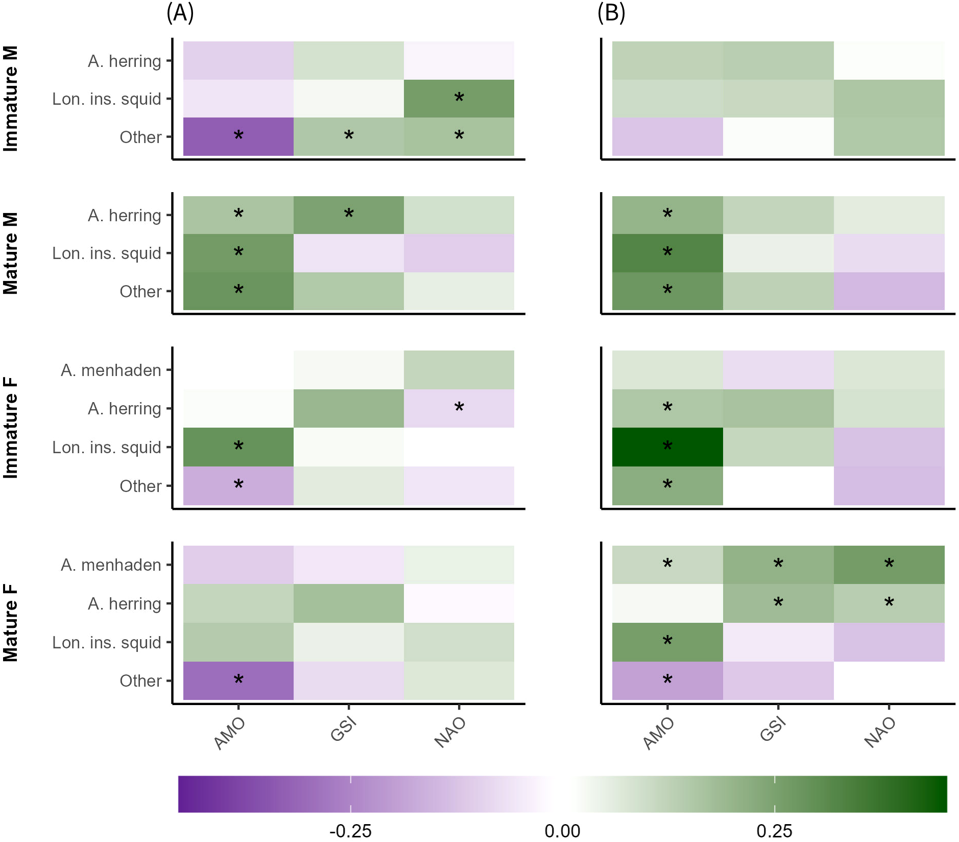 A complex group of colored tiles, organized into high level columns A and B for spring and fall and four high level rows for “Immature M”, “Mature M”, “Immature F”, and “Mature F”, creating eight sub-grids. Each sub-grid has three columns (AMO, GSI, NAO), and a row for each key prey type. Tiles vary from dark green to pale green to white to pale purple to dark purple, with the majority in the pale green to pale purple range. Some of the darker tiles are marked with asterisks. Most of the marked tiles in this graph are in the AMO column of the B (fall) sub-grids.