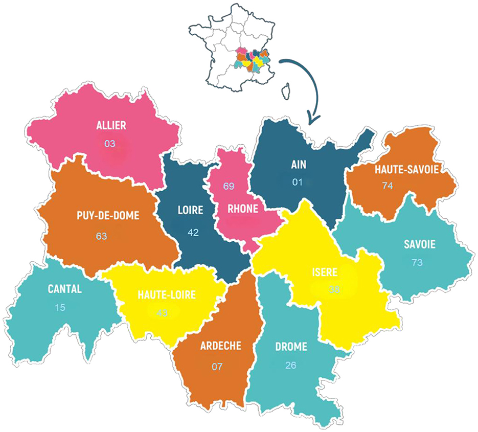 Map of southeastern France highlighting specific departments in various colors. Departments include Ain, Haute-Savoie, Savoie, Isère, Rhône, Loire, Haute-Loire, Ardèche, Drôme, Puy-de-Dôme, Allier, and Cantal. Each area is marked with its corresponding department number. An inset map of France shows the highlighted region.