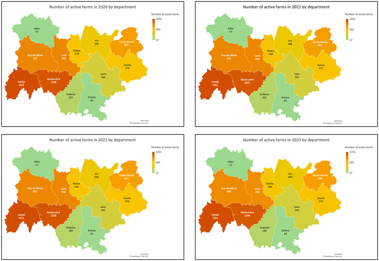 Maps showing the number of active farms by department in France from 2020 to 2023. Departments are color-coded based on the count: green (fewest), yellow, orange, and red (most). Notable figures include Cantal consistently having the highest number of farms with 1251, while Allier consistently has the lowest with numbers like 57. Other departments such as Puy-de-Dôme and Loire show changes across these years, reflecting varying farm counts.