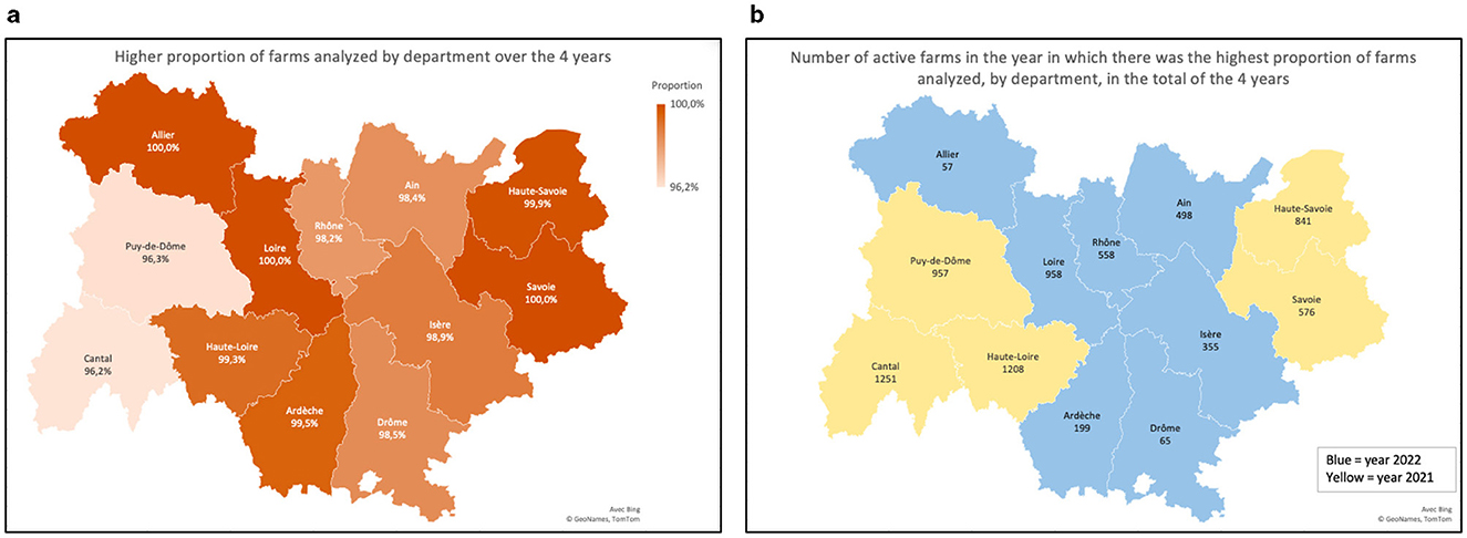 Map comparison showing farm data in French departments over four years. Left map shows higher farm analysis proportions, ranging from 96.2% to 100%, using orange hues. Right map indicates the number of active farms in each department during the highest analysis year, with blue for 2022 and yellow for 2021.