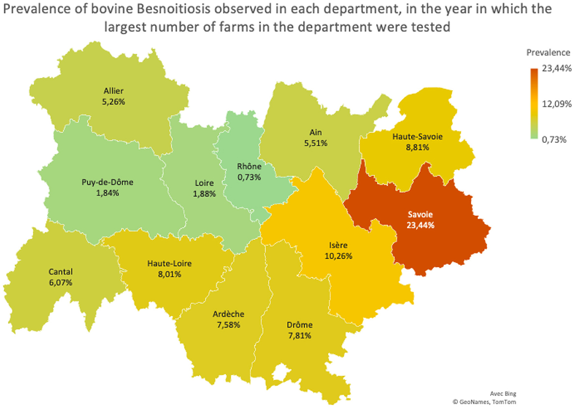 Map showing the prevalence of bovine Besnoitiosis by department in France. Savoie has the highest prevalence at 23.44%. Other notable rates are Isère at 10.26% and Haute-Savoie at 8.81%. The color gradient indicates increasing prevalence from light green to dark red.