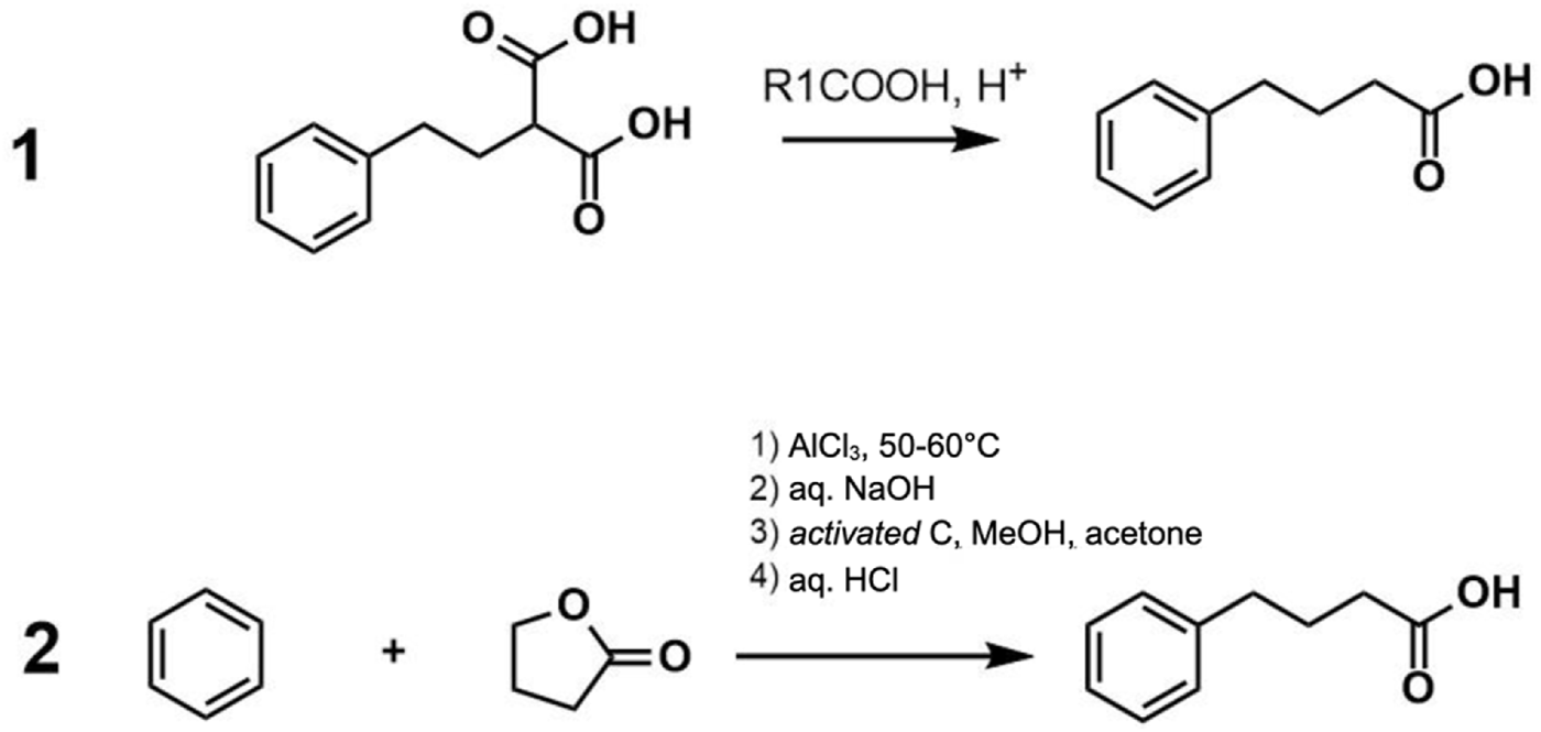 Chemical reaction diagram displaying two processes. 1. In the first reaction, a compound with benzene and a dicarboxylic acid becomes a compound with benzene and a carboxylic acid with R1COOH and H+ reagents. 2. In the second reaction, a benzene and an ester react with AlCl₃ at fifty to sixty degrees Celsius, aqueous NaOH, activated C in methanol and acetone, and aqueous HCl, forming a compound with benzene and a carboxylic acid.
