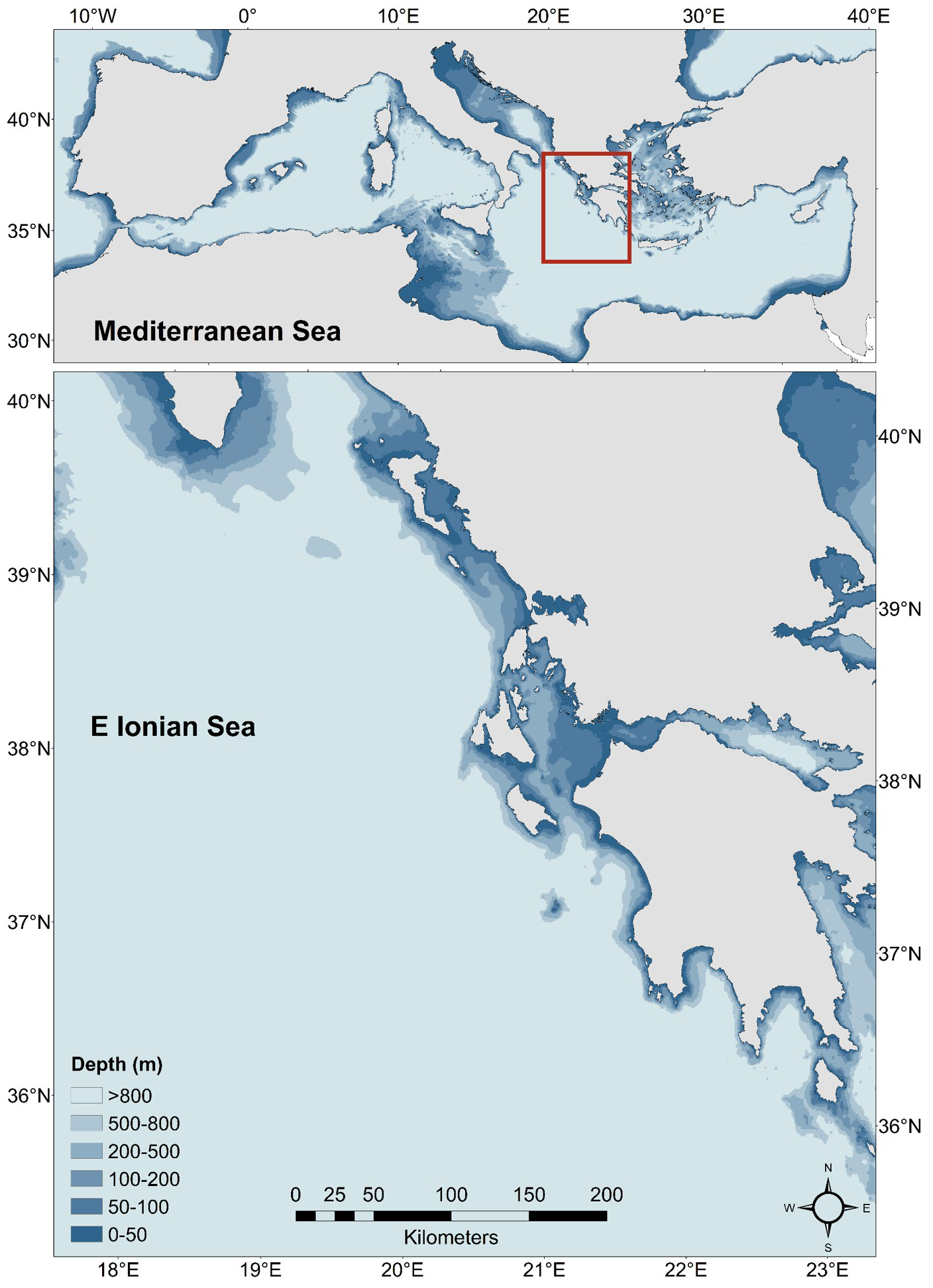 Map showing the Mediterranean Sea with a highlighted section focusing on the eastern Ionian Sea. Depth variations are color-coded, ranging from zero to over eight hundred meters. A scale indicates distances in kilometers.