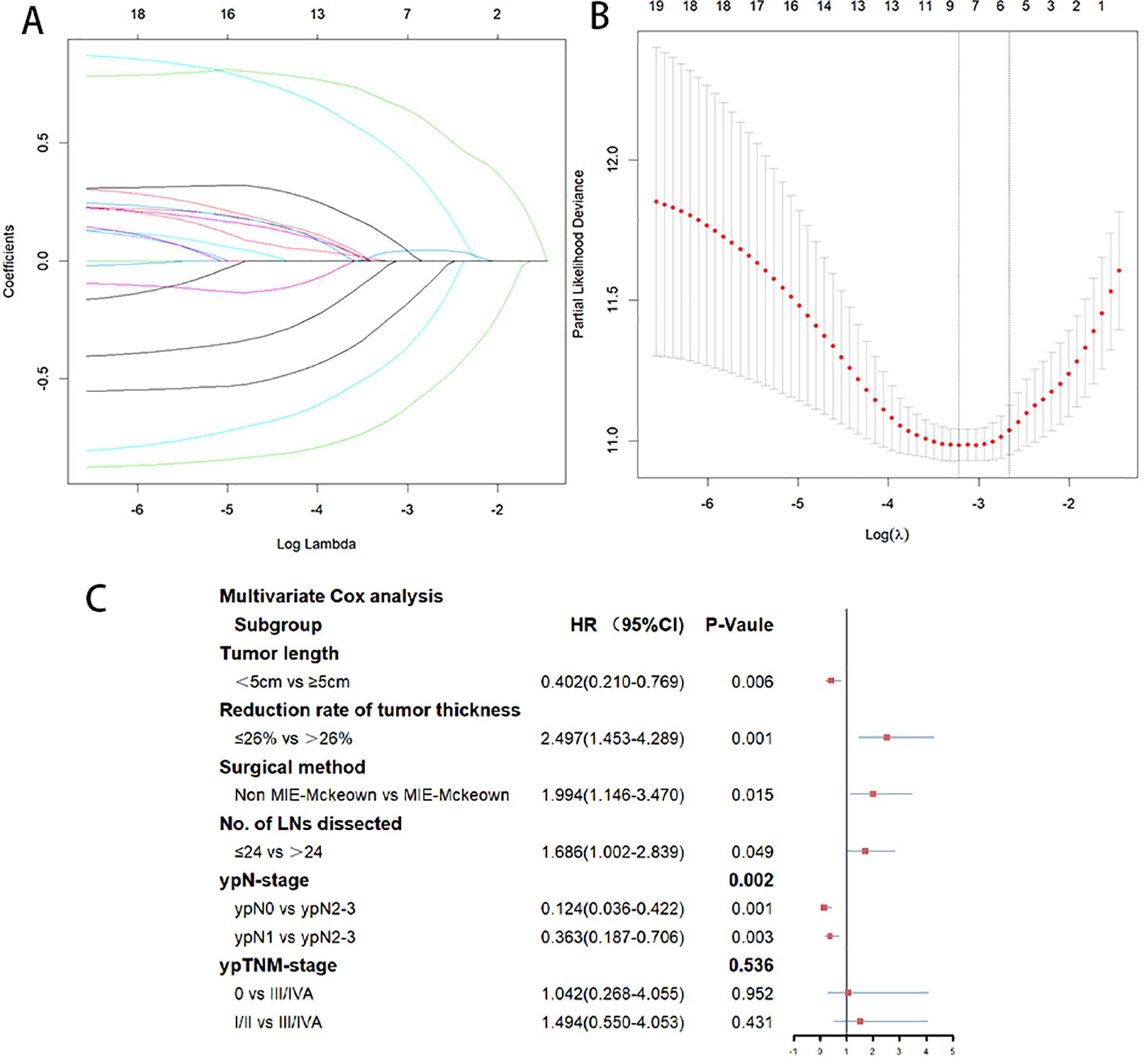 Graphical representation of multivariate analysis results. Panel A shows a plot of coefficients versus log lambda values, indicating variable selection trends. Panel B displays the plot of partial likelihood deviance against log lambda, highlighting the optimal model at minimum deviance. Panel C presents a multivariate Cox analysis table with subgroups like tumor length and surgical method, showing hazard ratios, confidence intervals, and p-values for various clinical factors, including significant findings for tumor thickness reduction and ypN-stage.