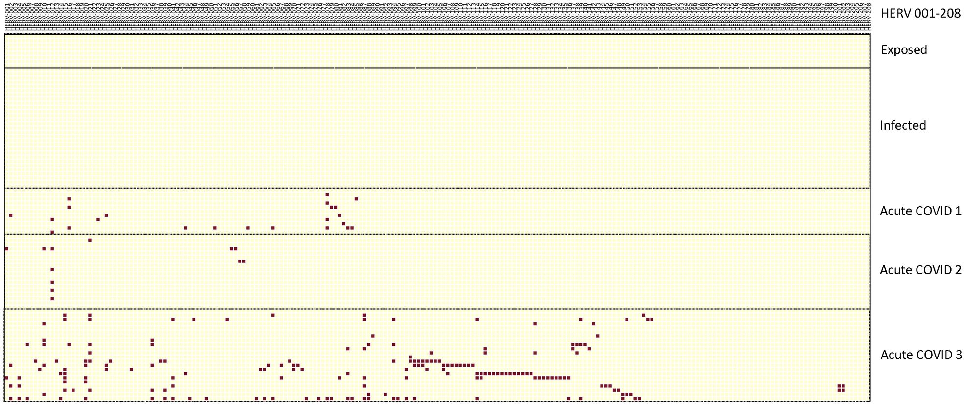 Graph showing the presence of HERV 001-208 across different groups: Exposed, Infected, Acute COVID 1, Acute COVID 2, and Acute COVID 3. Red dots indicate data points, with concentrations visible in Infected and Acute groups.