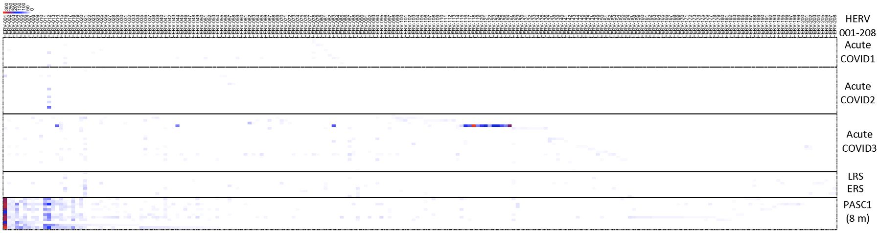 Heatmap showing gene expression levels across different conditions. Rows labeled with conditions including “Acute COVID1,” “Acute COVID2,” and others. Columns have numerical headers. Colors range from blue to red, indicating varying expression intensities.