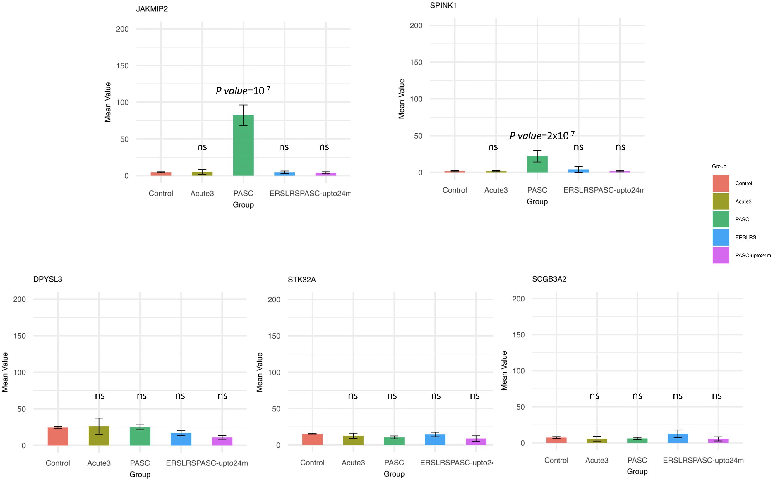 Bar charts display mean values of five proteins (JAKMIP2, SPINK1, DPYSL3, STK32A, SCGB3A2) across different groups: Control, Acute3, PASC, ERSLRS, and PASC-upto24m. JAKMIP2 and SPINK1 show significant differences in the PASC group with p-values of 10^-7 and 2x10^-7 respectively. Other proteins show no significant differences across groups (ns). Different colors represent each group.