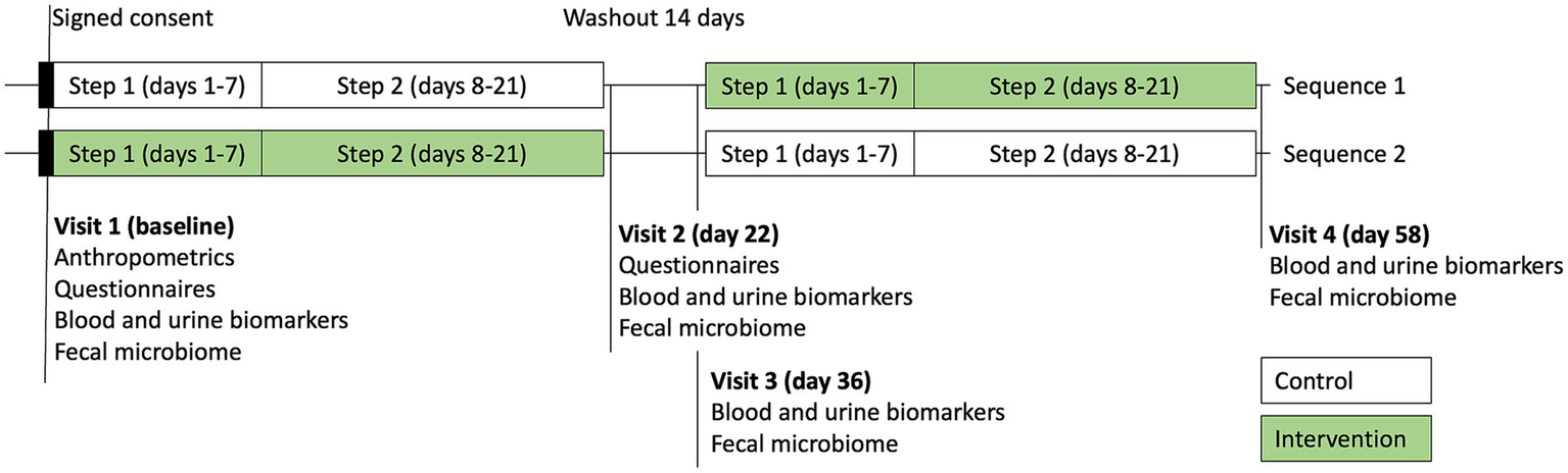 Study timeline diagram showing two sequences. Both sequences begin with signed consent, followed by Step 1 (days 1-7) and Step 2 (days 8-21), separated by a 14-day washout period. Sequence 1 has Step 1 as control and Step 2 as intervention; sequence 2 is reversed. Visit 1 (baseline) includes anthropometrics, questionnaires, blood and urine biomarkers, and fecal microbiome. Visit 2 (day 22) involves questionnaires, blood and urine biomarkers, and fecal microbiome. Visit 3 (day 36) and Visit 4 (day 58) assess blood and urine biomarkers and fecal microbiome. Control and intervention are labeled.