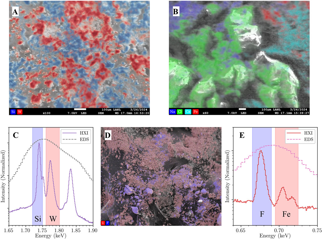 A set of images and graphs focused on the analysis of elemental composition using scanning electron microscopy (SEM) and energy-dispersive X-ray spectroscopy (EDS): A) SEM image showing silicon (Si) in blue and tungsten (W) in red. B) SEM image depicting sodium (Na), chlorine (Cl), calcium (Ca), and iron (Fe) in different colors. C) Graph comparing HXI and EDS intensity for Si and W over a range of energy levels. D) SEM image highlighting uranium (U) in pink and fluorine (F) in blue. E) Graph comparing HXI and EDS intensities for F and Fe.