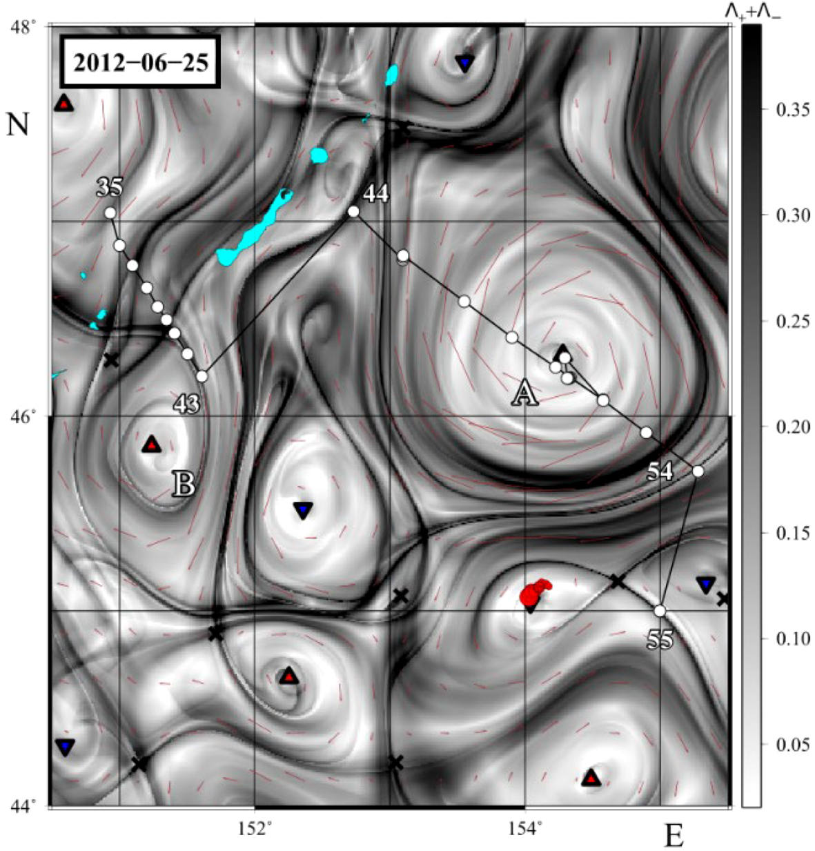 Contour map showing swirling patterns with numbered points connected by a line, labeled A and B. Red and blue triangles and circles mark specific locations. A color gradient from black to white represents values from 0.05 to 0.35. Date marked as 2012-06-25.