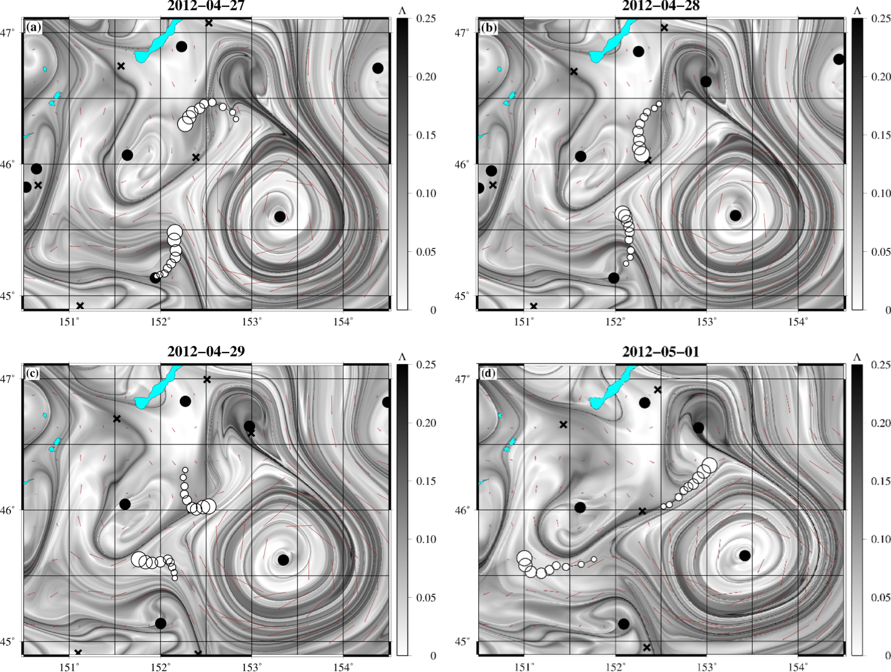Four-panel chart showing ocean data from April 27 to May 1, 2012. Each panel is a grayscale map with overlaid symbols. Black circles, crosses, and white circles indicate various data points. A color bar on the right represents values from 0 to 0.25. Light blue shapes appear on each map, indicating specific regions.