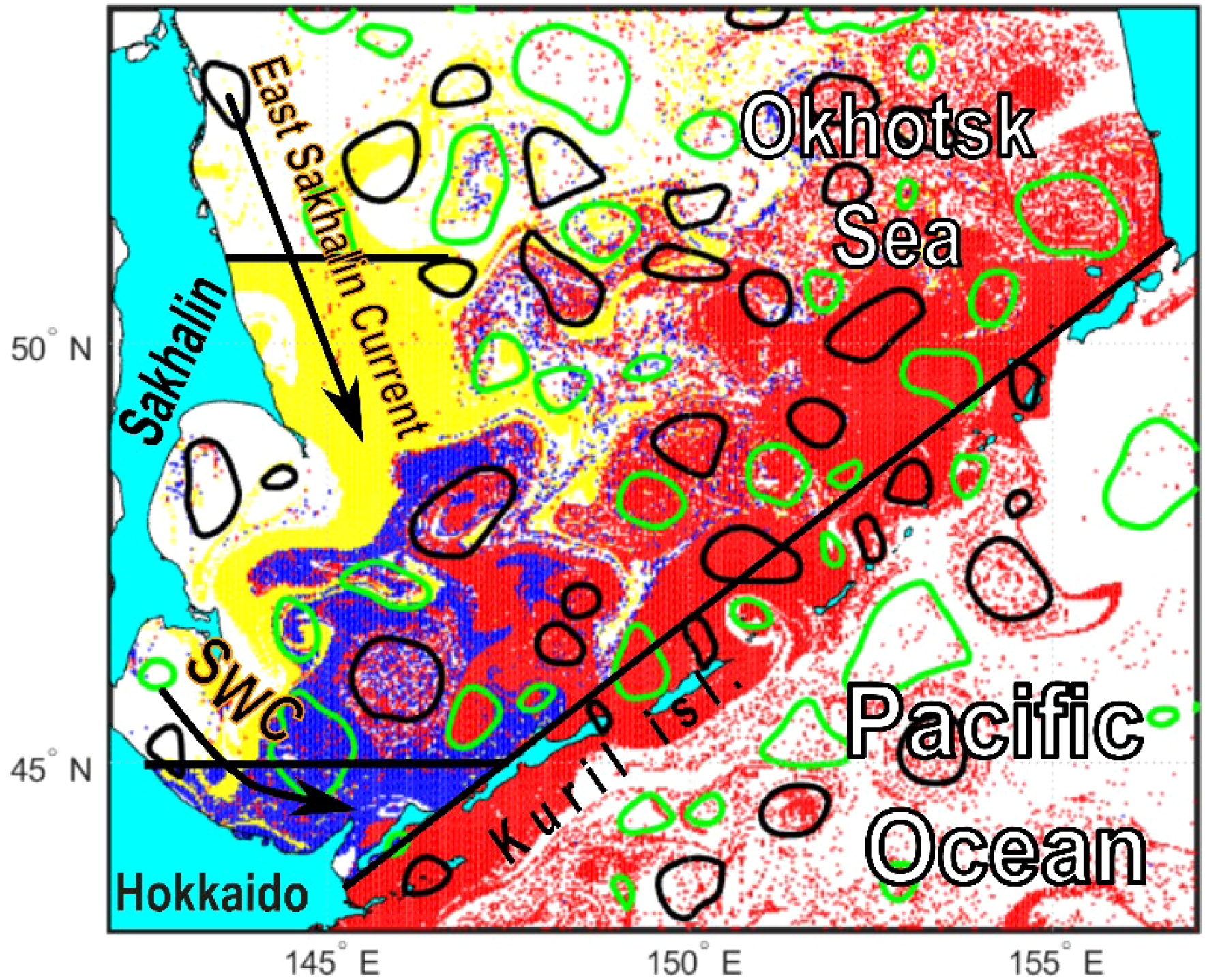 Map showing the Okhotsk Sea, Sakhalin, and Hokkaido with current flows. The East Sakhalin Current is marked with an arrow, and areas are color-coded, with red and blue regions. Black and green outlines indicate different zones.