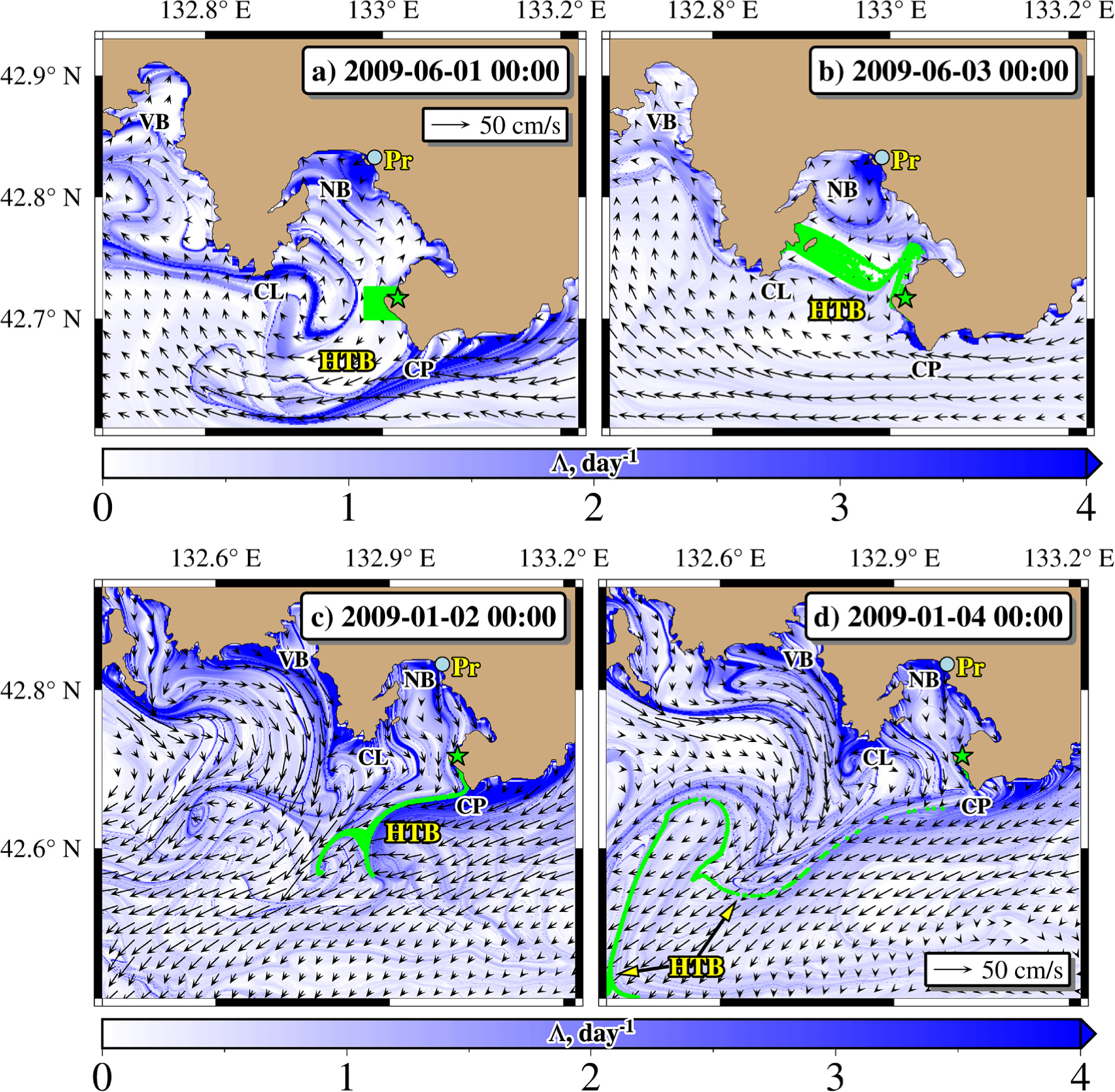 Four-panel oceanographic visualization depicting water currents near a bay, with arrows indicating direction and speed. Panels are labeled a) to d), showing data from June 1 to 3 and January 2 to 4, 2009. Key geographical points include VB, NB, CL, CP, and Pr, with the Hoe Bay and associated currents highlighted. A color scale bar ranges from zero to four days and indicates current changes over time.