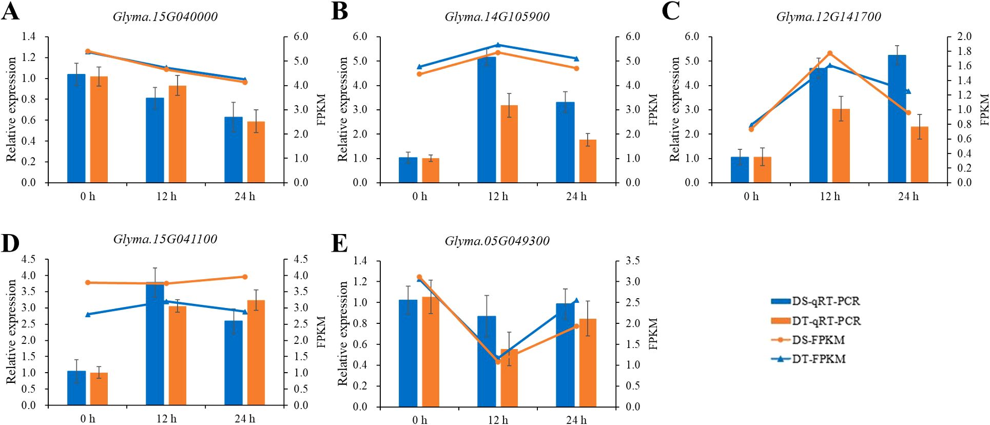 Five graphs labeled A to E depict gene expression measurements at 0, 12, and 24 hours for various genes (Glyma.15G040000, Glyma.14G105900, Glyma.12G141700, Glyma.15G041100, Glyma.05G049300). Each graph compares relative expression and FPKM using DS-qRT-PCR (blue) and DT-qRT-PCR (orange), and DS-FPKM (circle) and DT-FPKM (triangle) indicated by lines. Error bars are present.