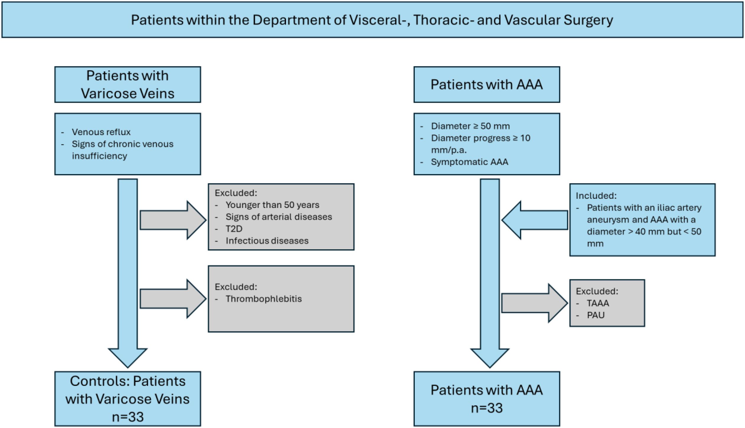 Flowchart detailing patient selection for a study in the Department of Visceral, Thoracic, and Vascular Surgery. It shows two groups: Patients with Varicose Veins and Patients with AAA (Abdominal Aortic Aneurysm). inclusion criteria for varicose veins were venous reflux and signs of chronic venous insufficiency. Exclusions include younger than fifty years, arterial diseases, T2D, thromboÂphlebitis, or infectious diseases. The final count is thirty-three patients with Varicose Veins. For AAA, inclusion criteria are: a diameter greater than or equal to fifty millimeters. Exclusions include TAAA and PAU. Included are patients with iliac aneurysm and AAA between forty to fifty millimeters. A final count of 33 patients was reached.