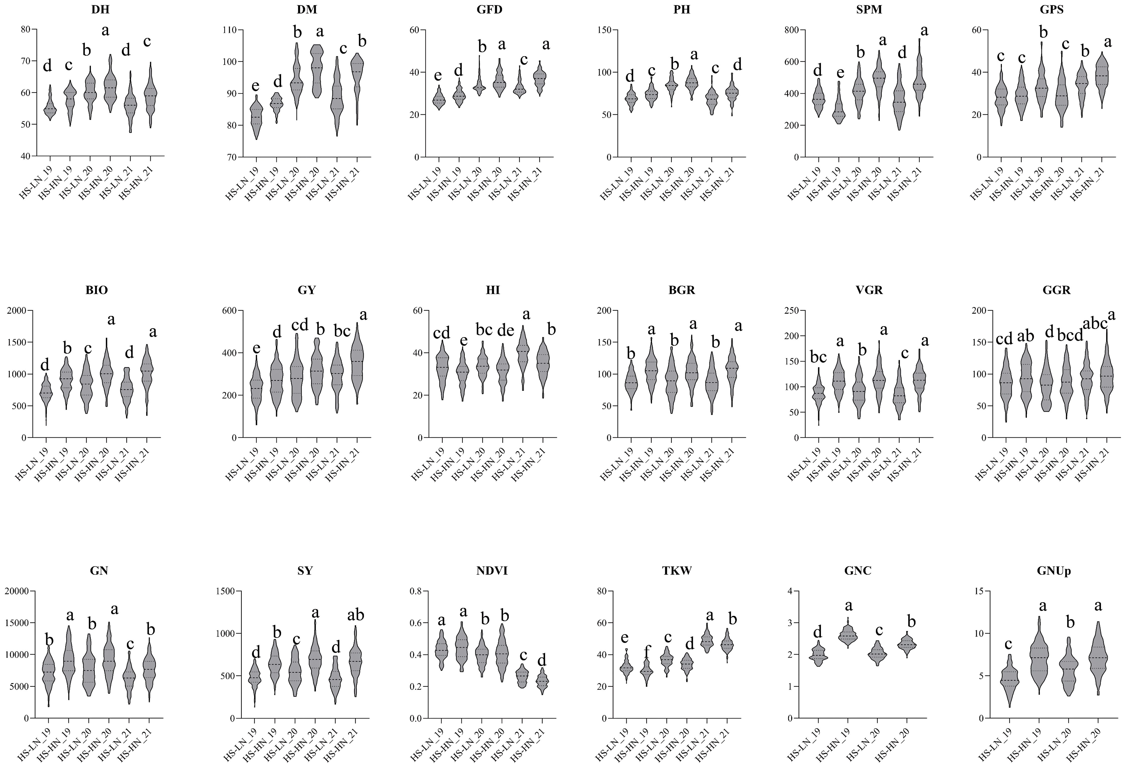 Rows of violin plots depicting various parameters (e.g., DH, DM, GFD) measured across six different conditions (HS-HN-19, HS-LN-19, HS-HN-20, etc.). Each plot shows distribution variations with labeled significance levels (a, b, c, etc.).
