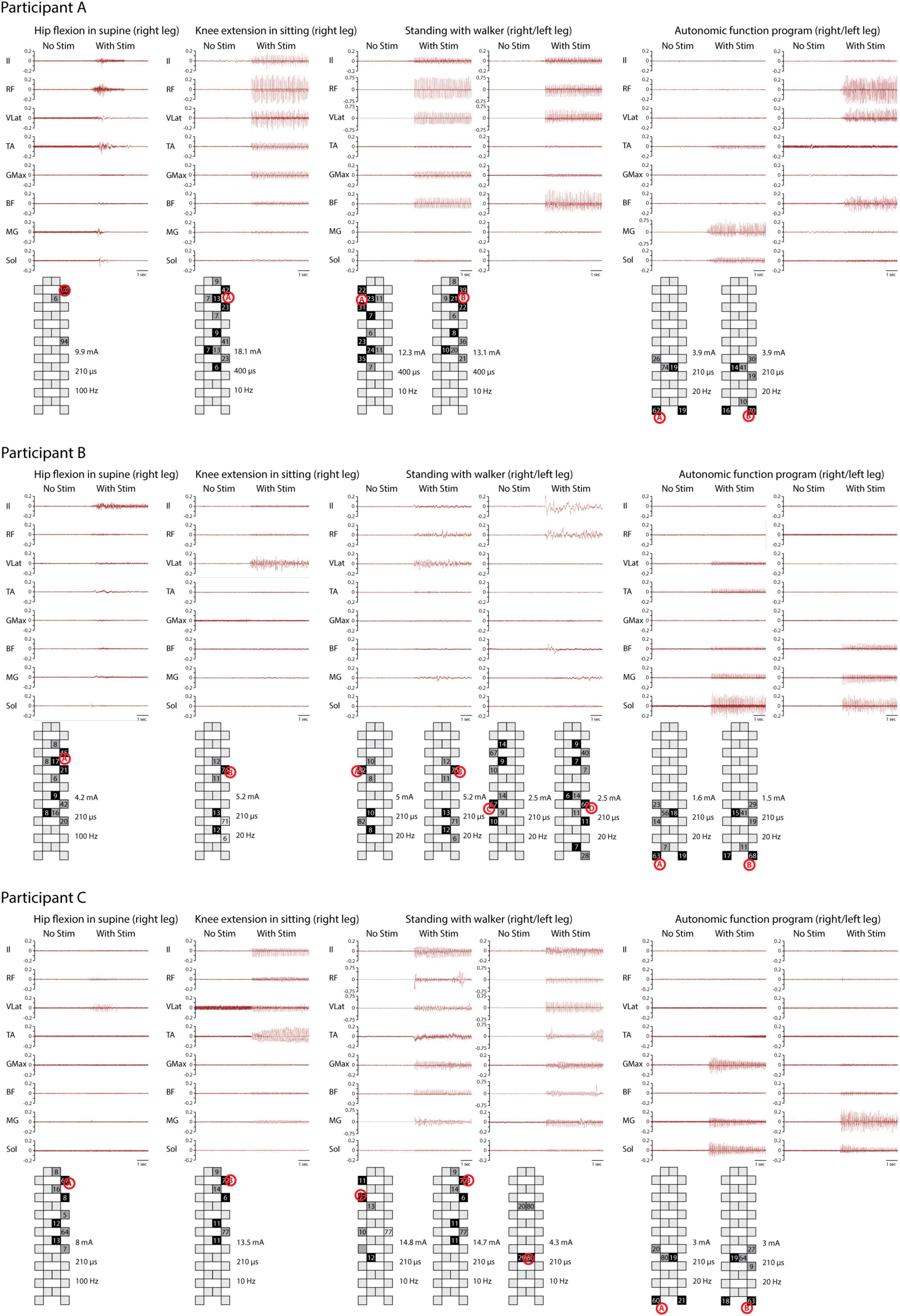Charts for Participants A, B, and C showing muscle activity with and without stimulation during different activities: hip flexion, knee extension, standing with a walker, and autonomic function. Each includes graphs for muscle groups such as RF, VLat, TA, GMax, BF, MG, and Sol, with corresponding electrical stimulation settings.