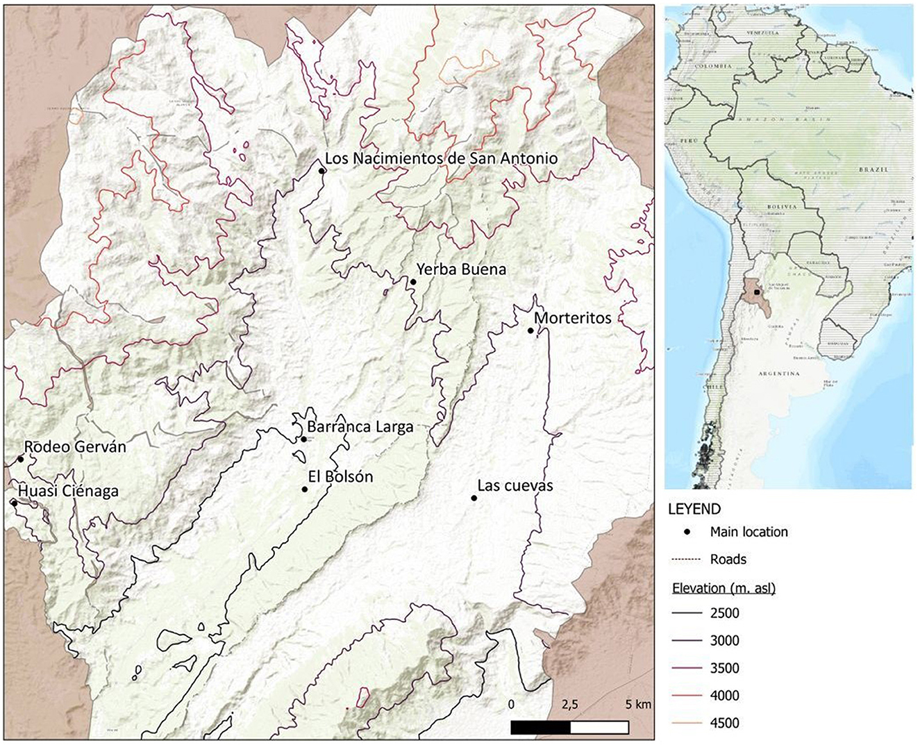 Map shows a detailed topographic layout of a region in northwest Argentina, highlighting locations such as Los Nacimientos de San Antonio and Morteritos. A smaller inset map of South America indicates the region's location. The legend denotes main locations, roads, and elevation levels from 2500 to 4500 meters above sea level.