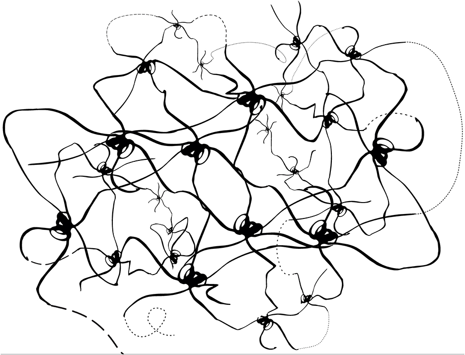 Abstract illustration featuring a complex, tangled web of black lines and loops. Some lines form larger knots, creating a chaotic pattern against a white background, evoking a sense of entanglement.