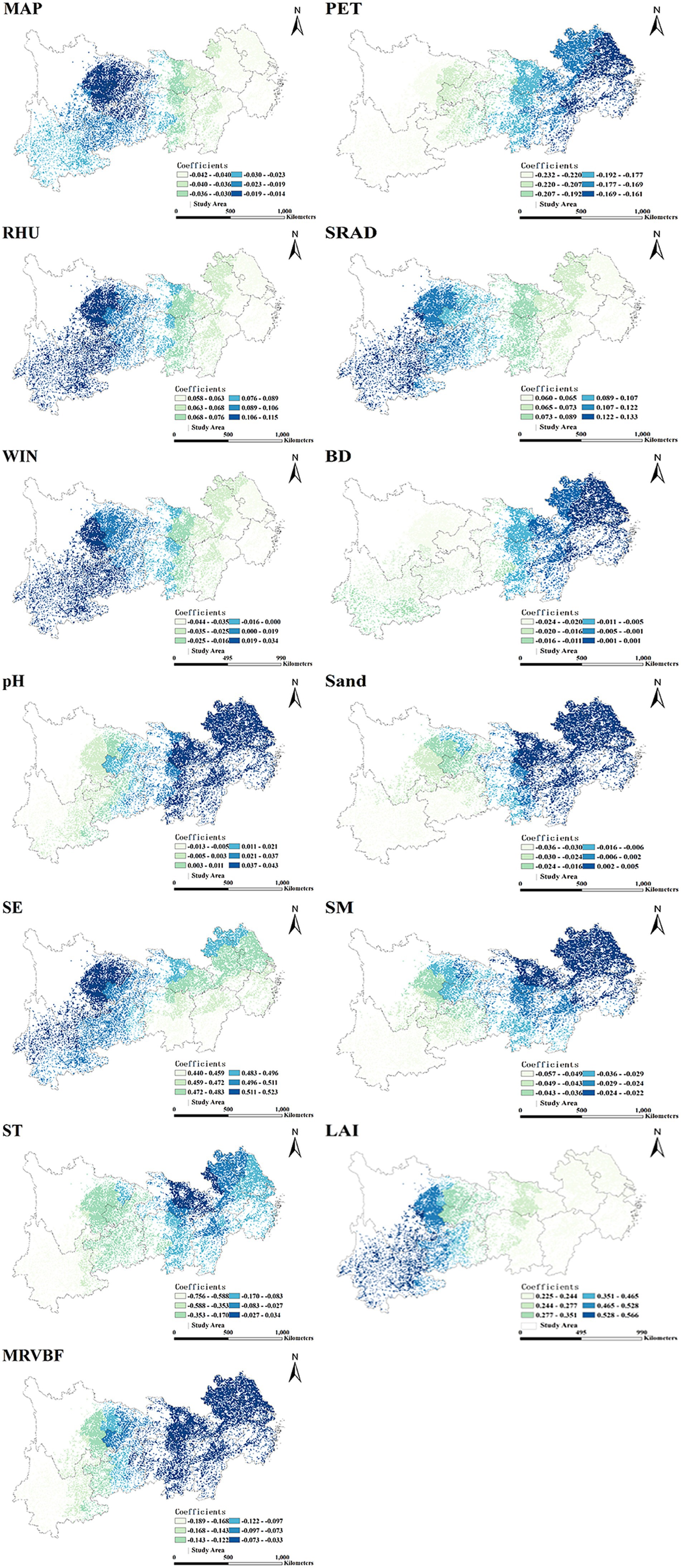 Eight maps display geographic data across a region, each representing different attributes: MAP, PET, RHU, SRAD, WIN, BD, pH, and Sand. Maps use color gradients from green to blue to indicate coefficients, with scale bars and study area outlines. A north arrow provides orientation. Five maps display regional distributions of various coefficients labeled SE, SM, ST, LAI, and MRVBF over the same area. Each map uses a color gradient, ranging from light green to dark blue, to depict different coefficient ranges. Legends indicate specific coefficient values, and there are scale and compass indicators.