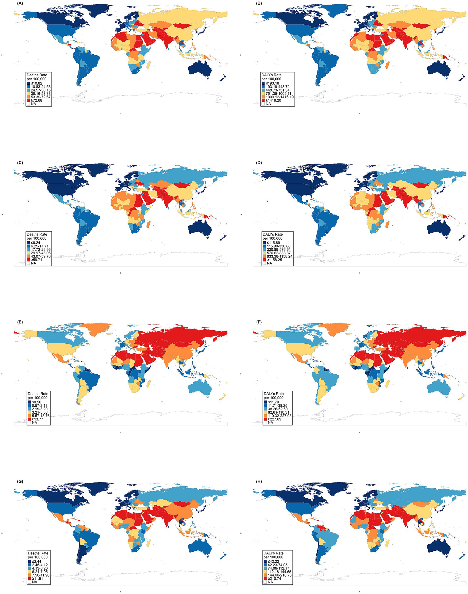 Eight world maps displaying different health metrics. Maps A, C, E, and G show deaths rates per 100,000 people, while B, D, F, and H display DALYs rates. Each map uses a color gradient from blue (low rates) to red (high rates). Regions with data are filled with colors according to their respective rates. Maps highlight health disparities across continents. Legends provide numerical ranges for each color.